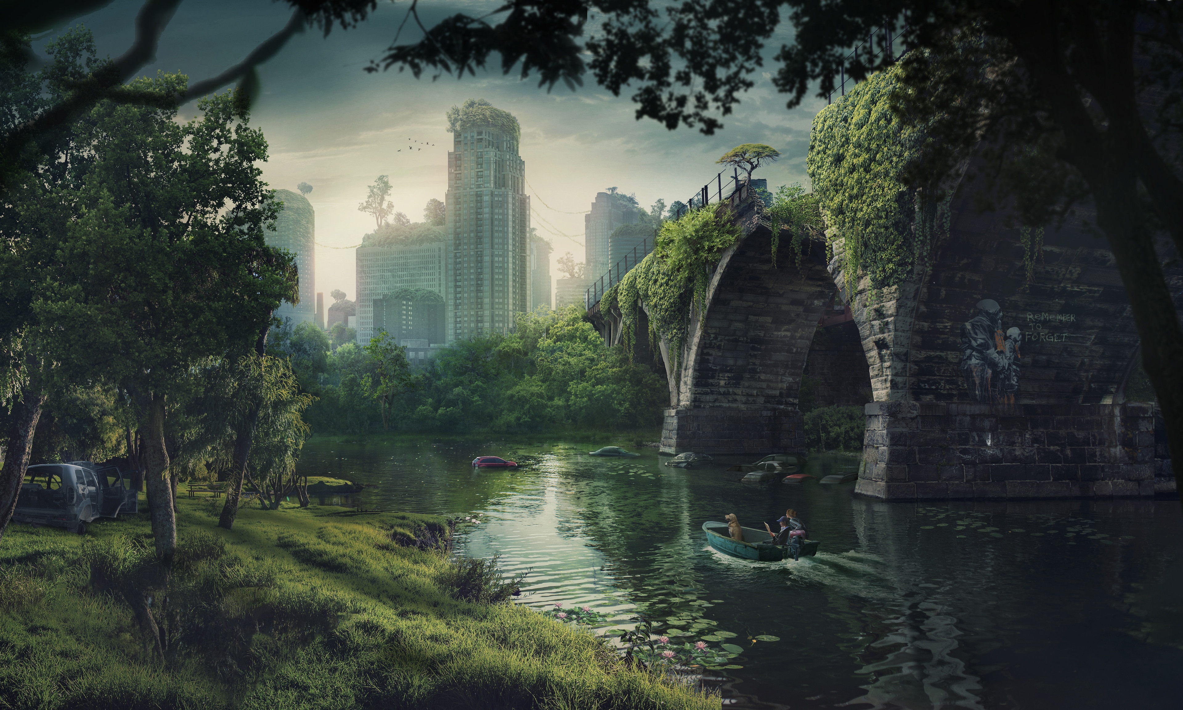 Post-apocalyptic city with overgrown bridge and river HD Wallpaper