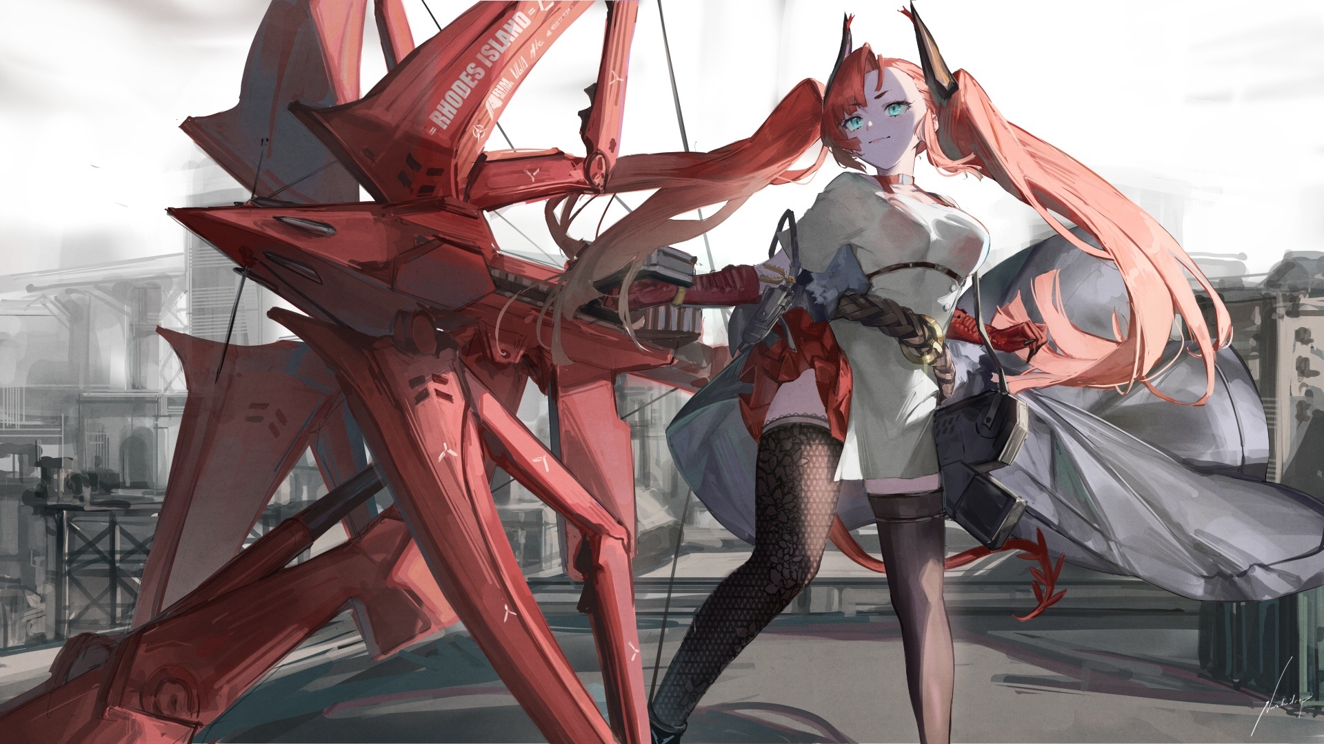 Toddifons from Arknights with a large red mechanical structure HD Wallpaper