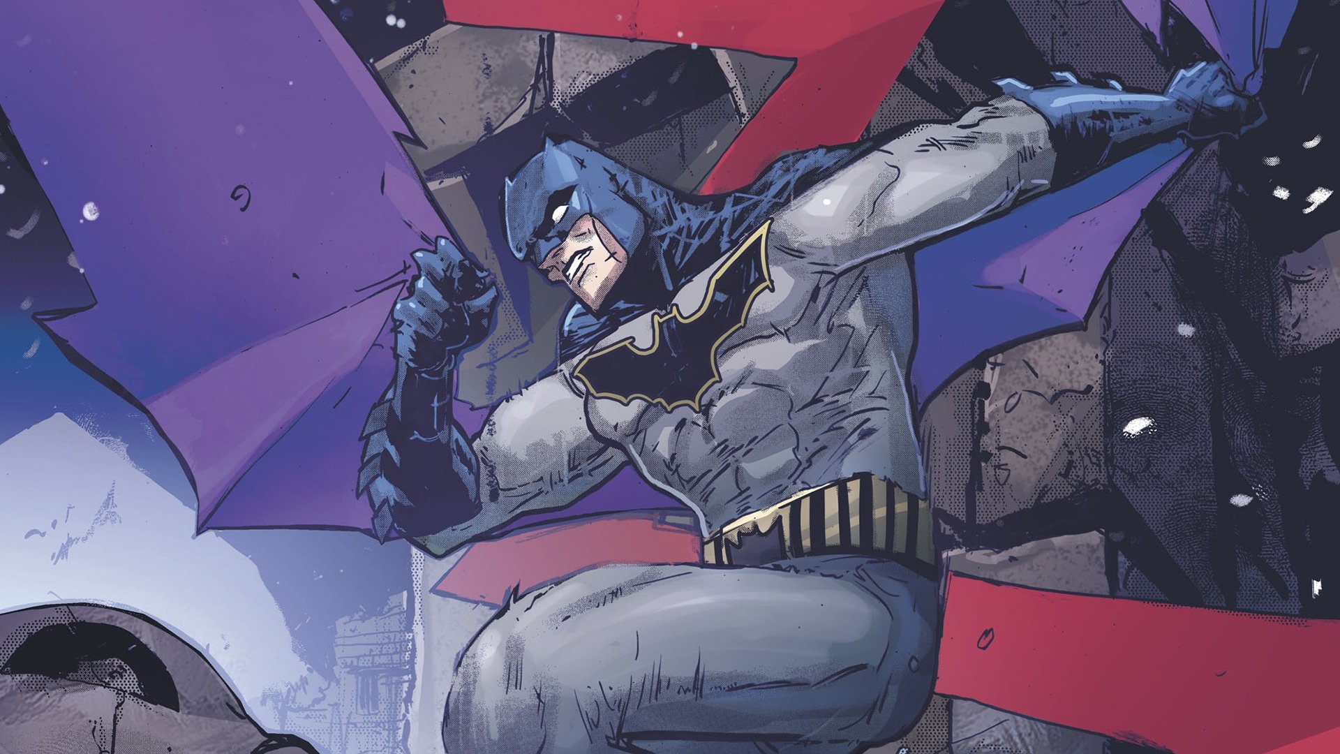 Batman in a dynamic pose with purple cape HD Wallpaper