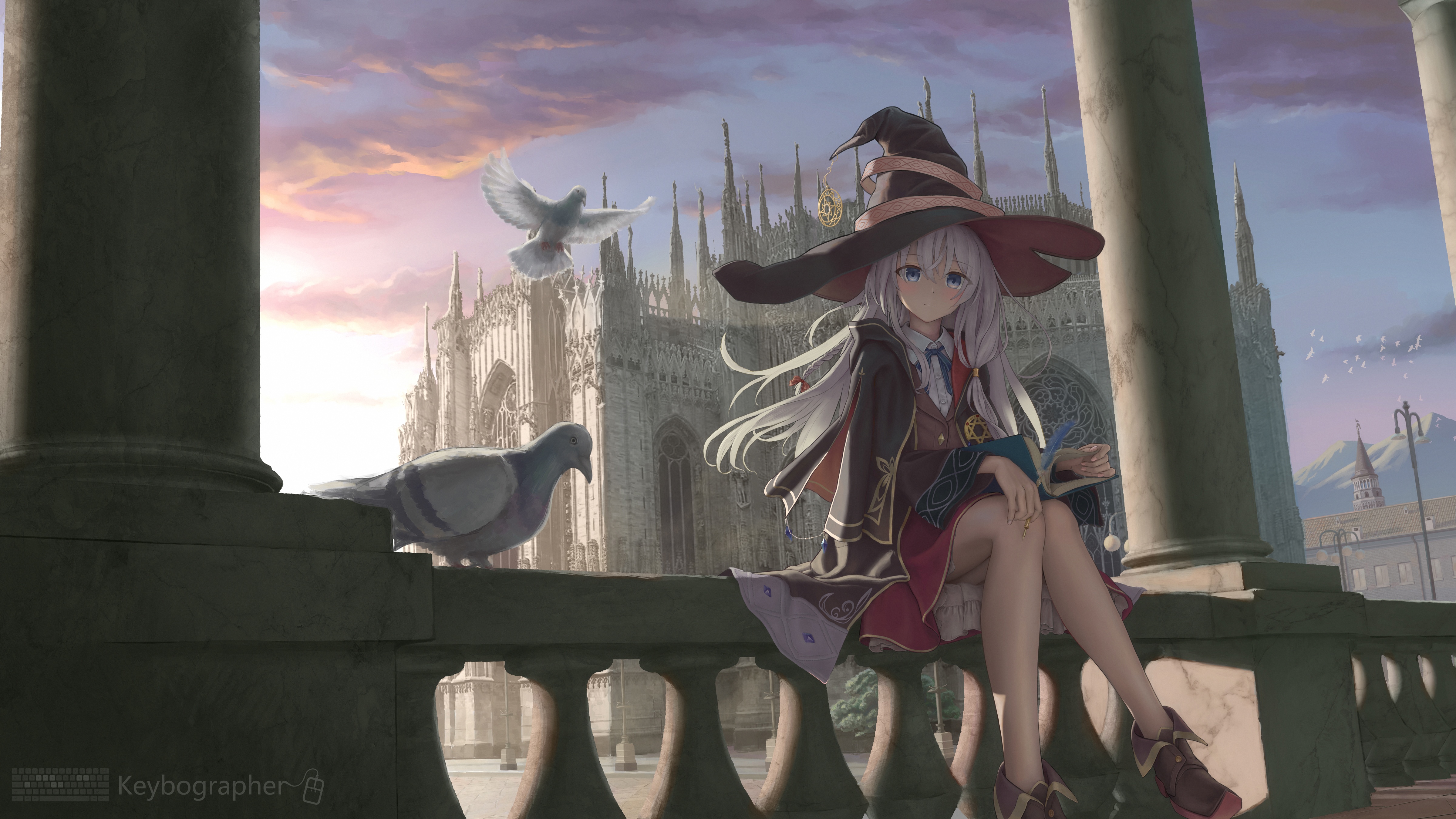 4K Elaina with pigeons in front of a cathedral HD Wallpaper