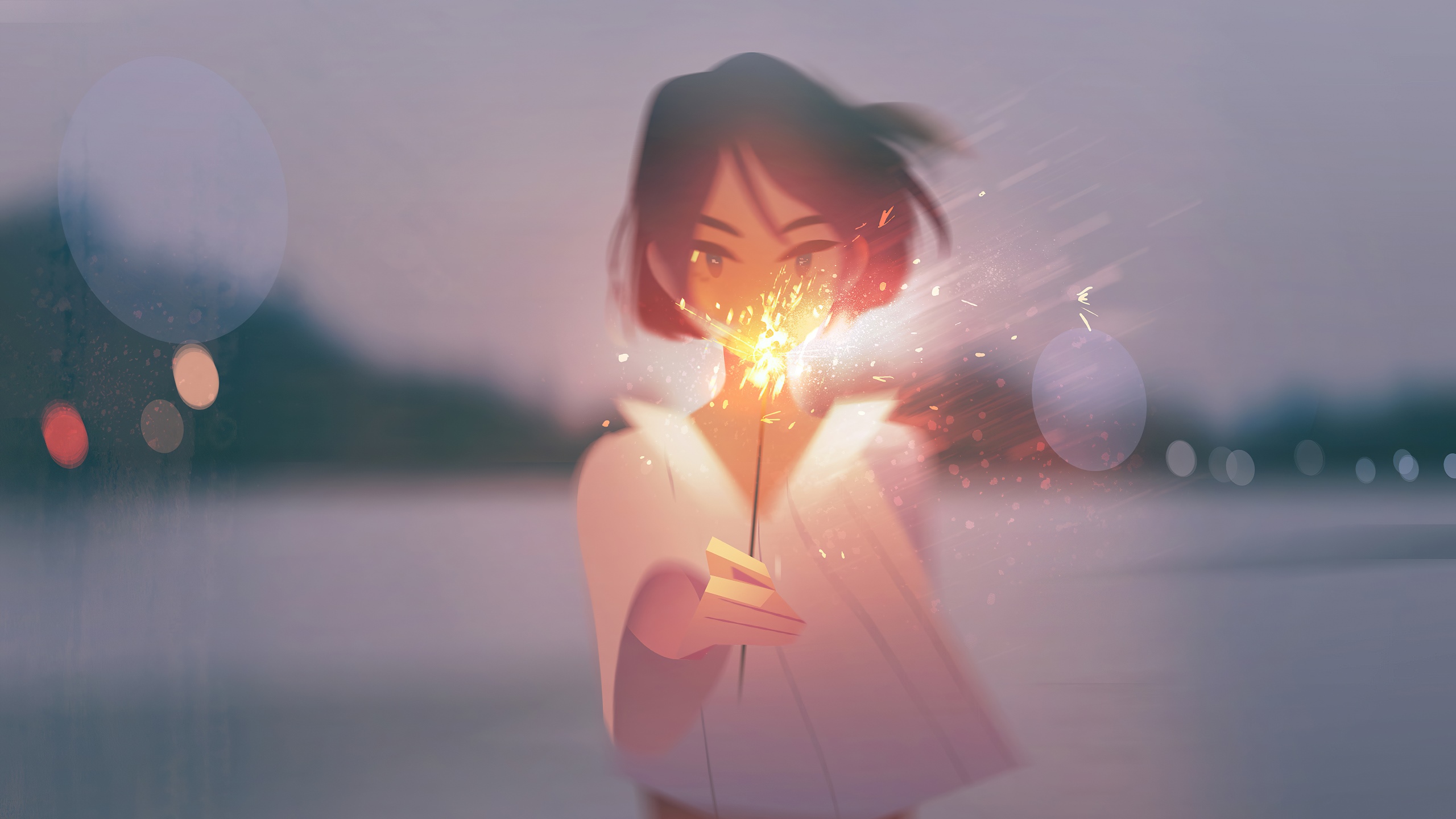 Girl holding a sparkler at dusk HD Wallpaper