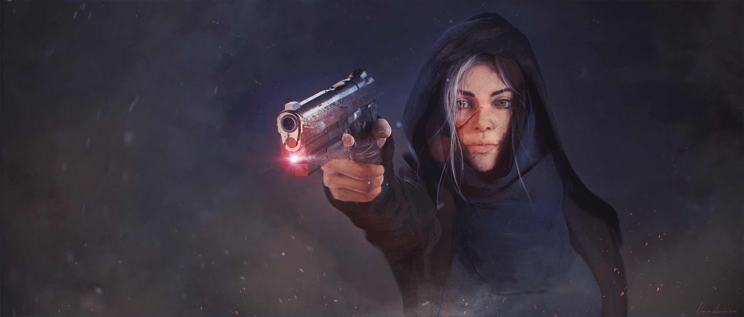 Woman in a hood aiming a handgun HD Wallpaper