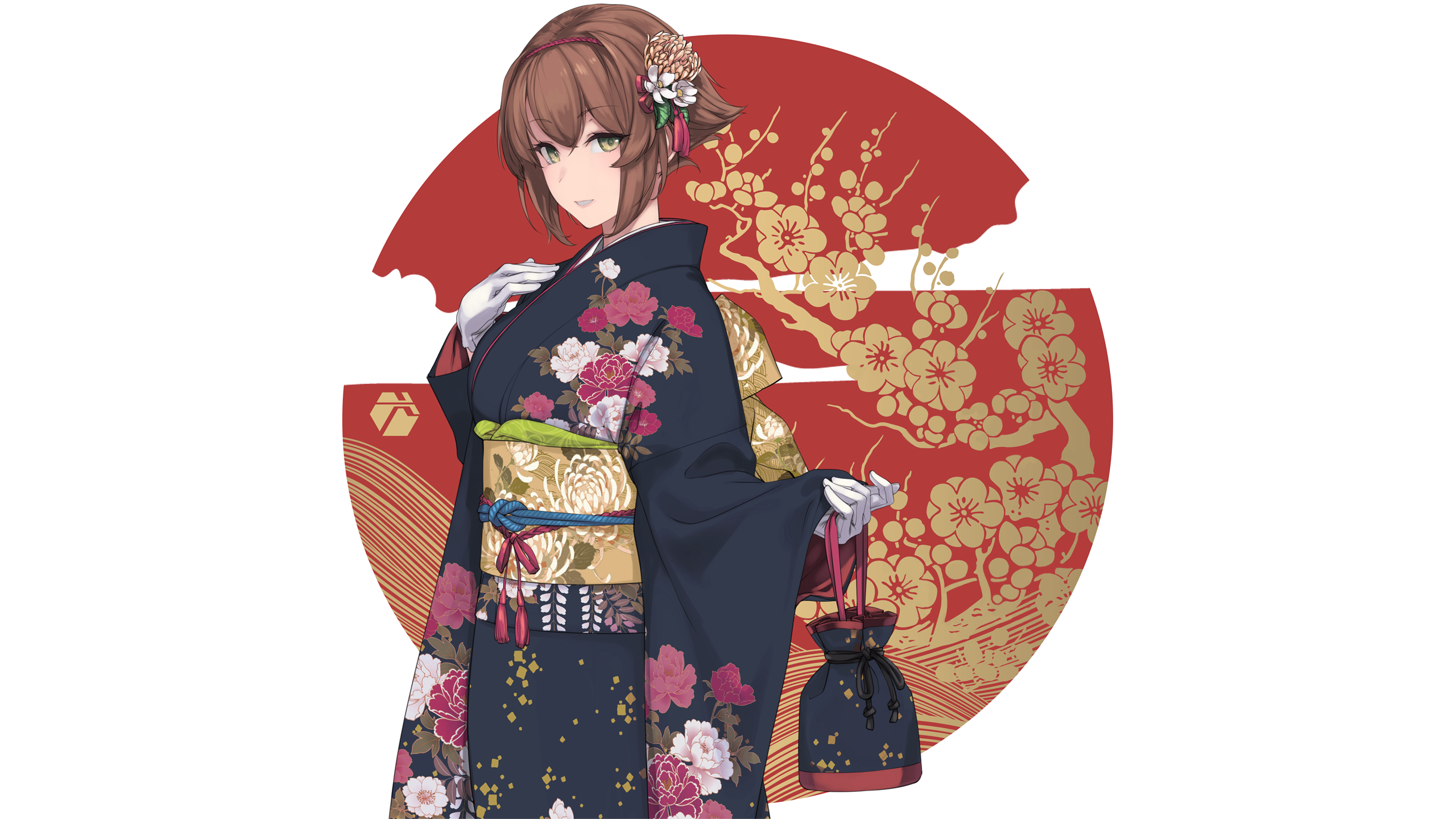Anime girl in a dark blue kimono with floral patterns HD Wallpaper