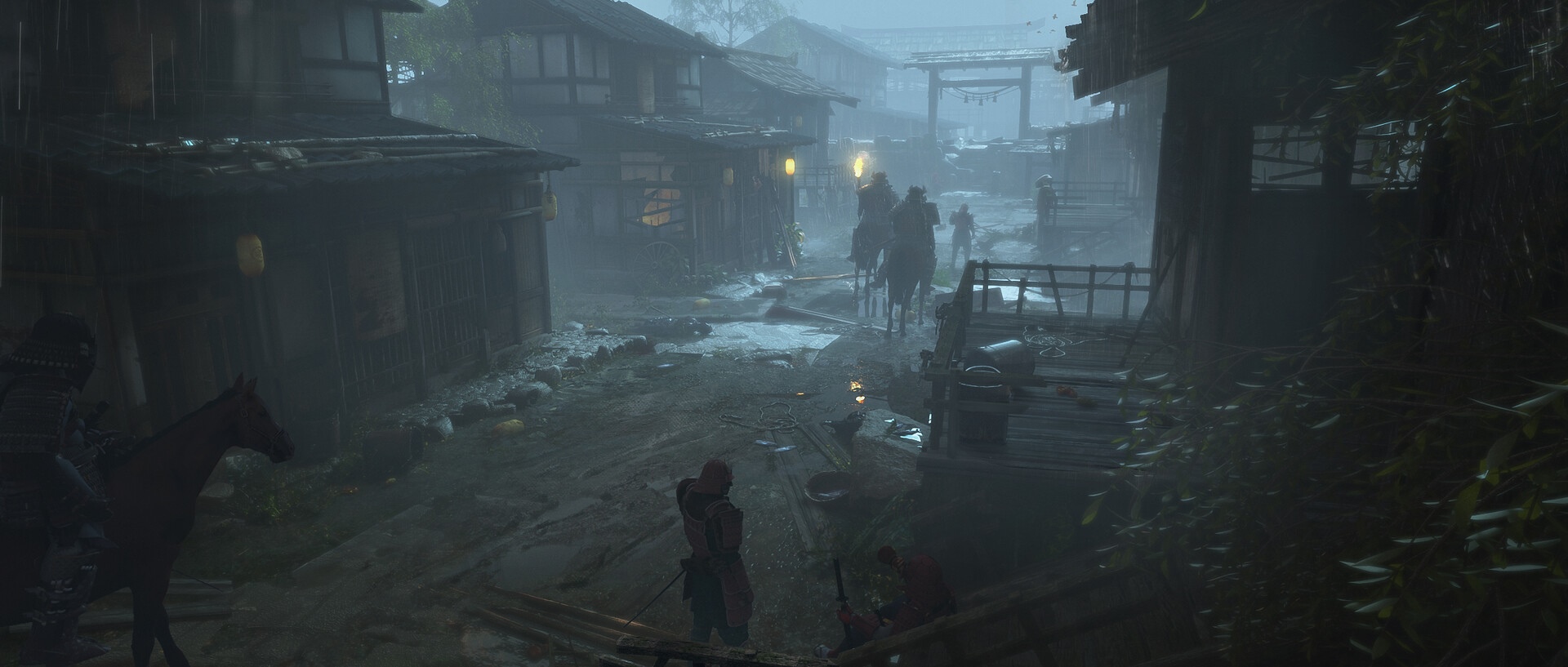 Samurai on horseback in a rainy Japanese village HD Wallpaper