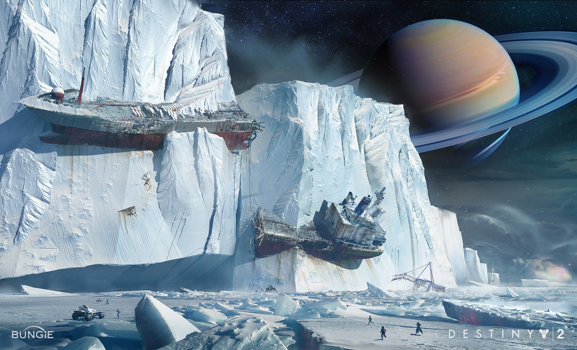 Destiny 2 art of crashed ships on an icy planet with Saturn in the background HD Wallpaper