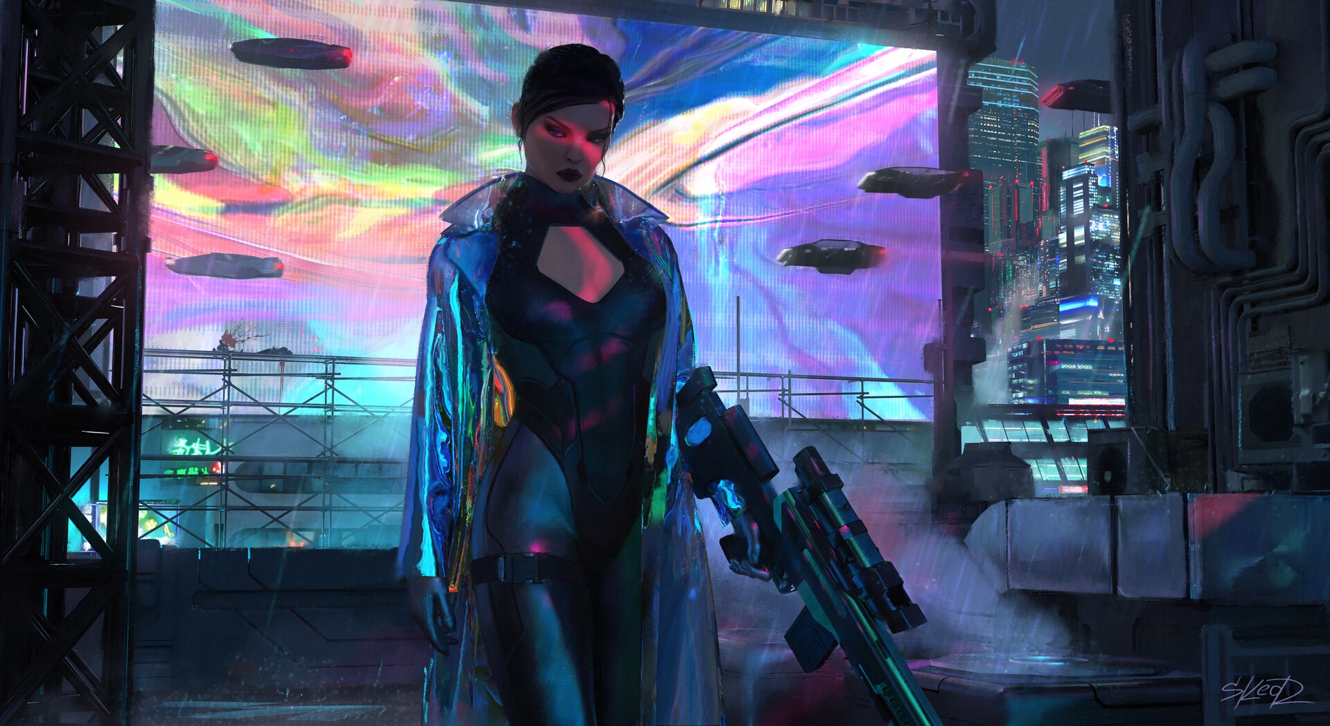 Cyberpunk woman with a gun in a futuristic city HD Wallpaper