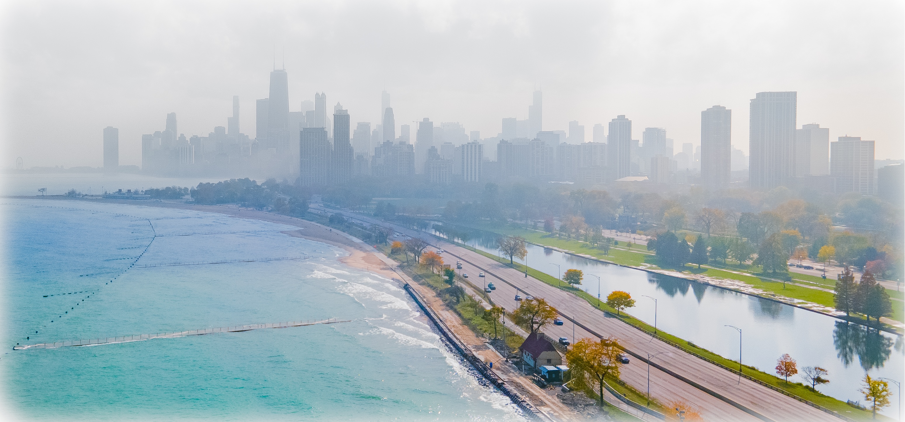 Chicago Skyline Over Lake Michigan and Canal HD Wallpaper
