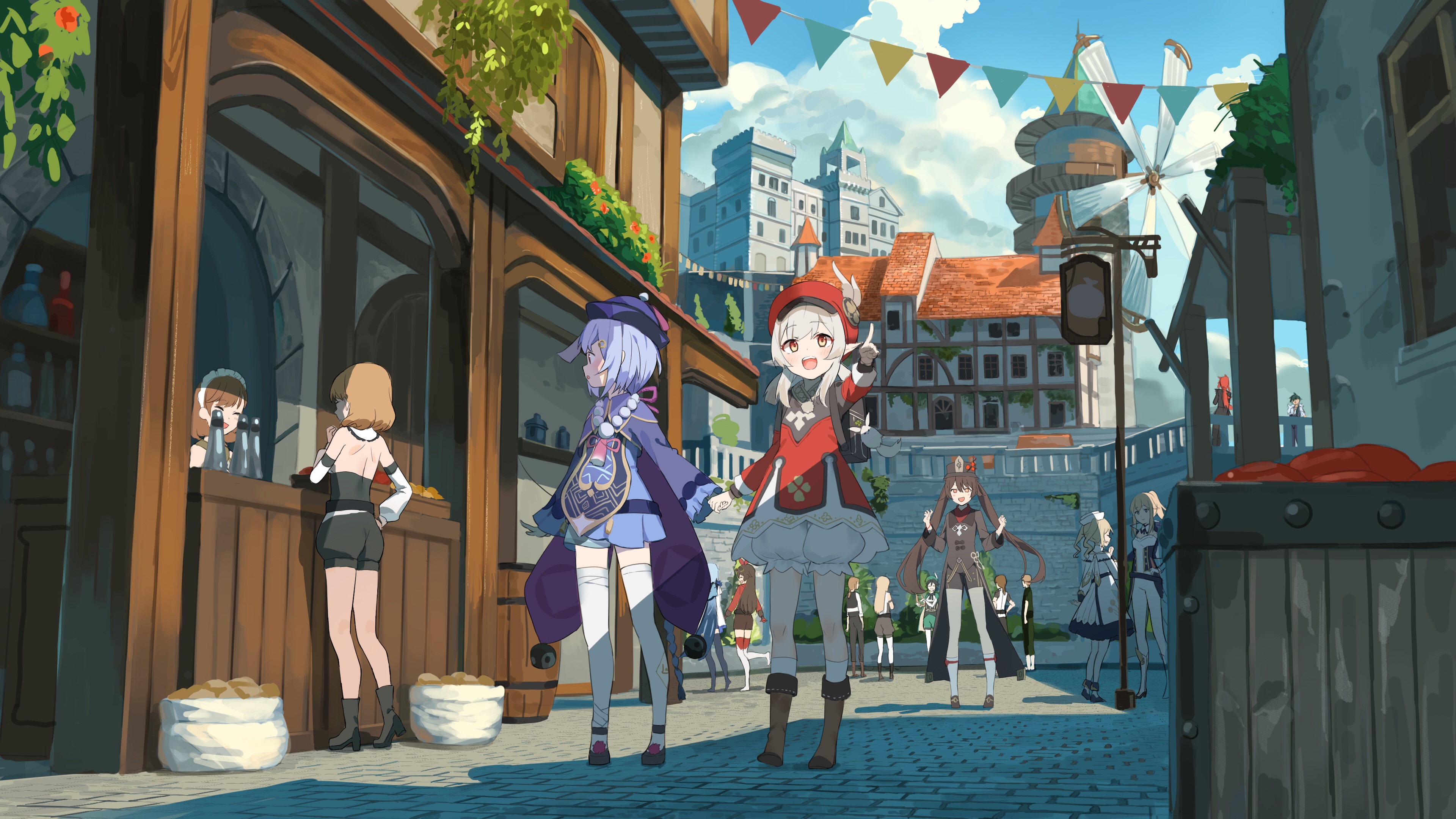 Genshin Impact characters in a town square HD Wallpaper