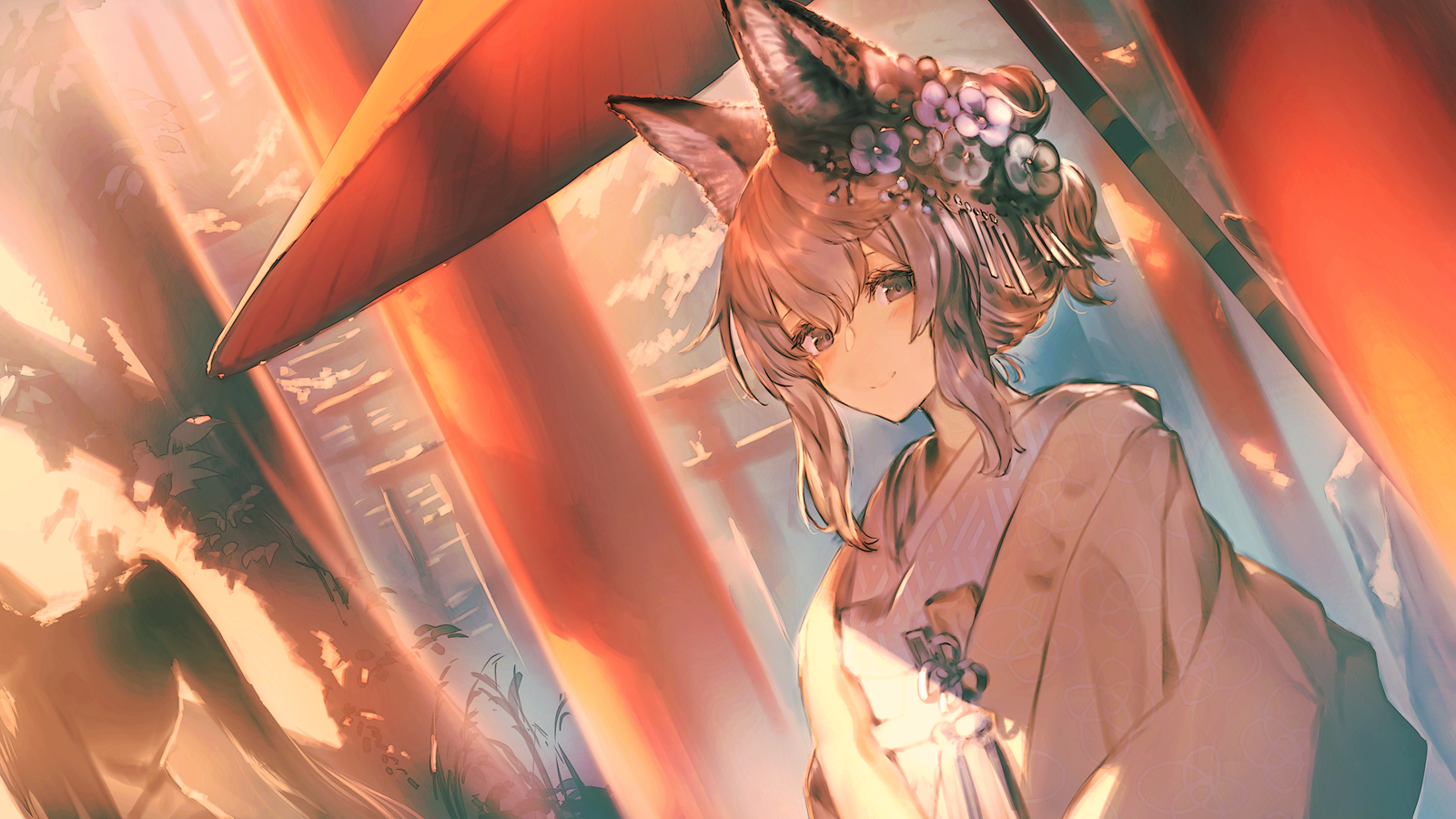 Anime fox girl in Japanese clothes with flower ornaments HD Wallpaper