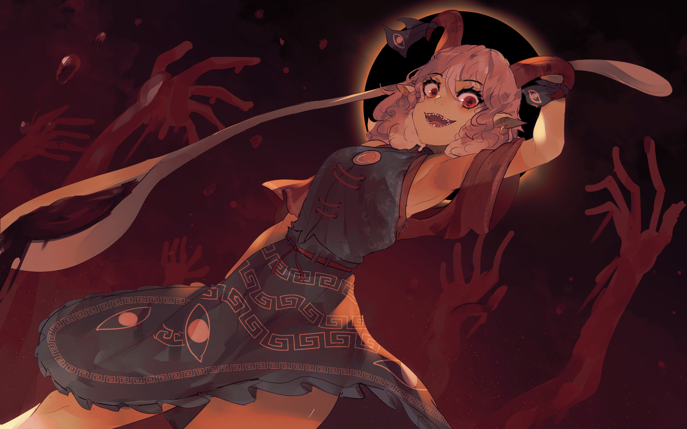 Anime girl with horns and red eyes in a dark setting HD Wallpaper