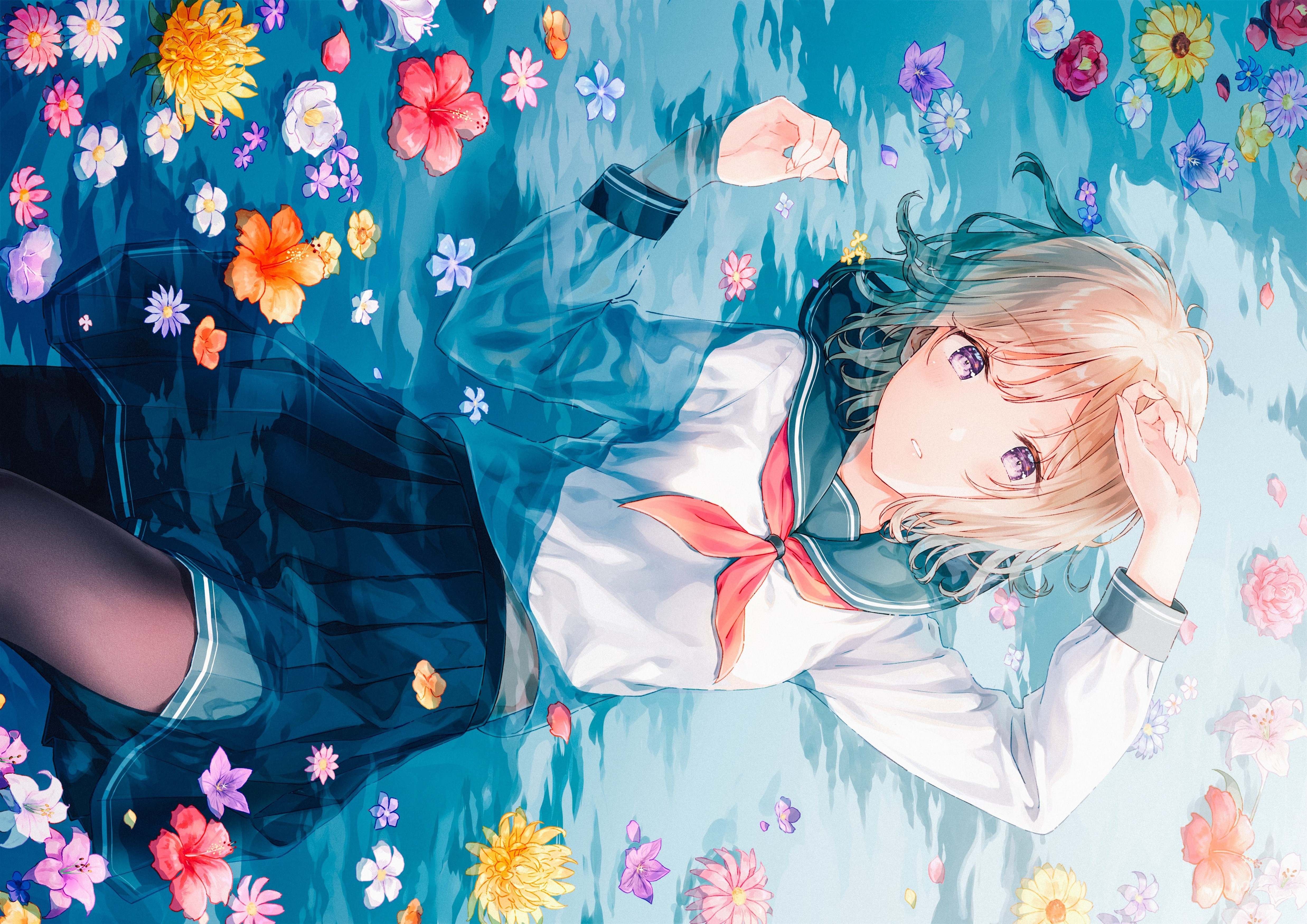 4K Anime Girl in Sailor Uniform Floating in Water with Flowers HD Wallpaper