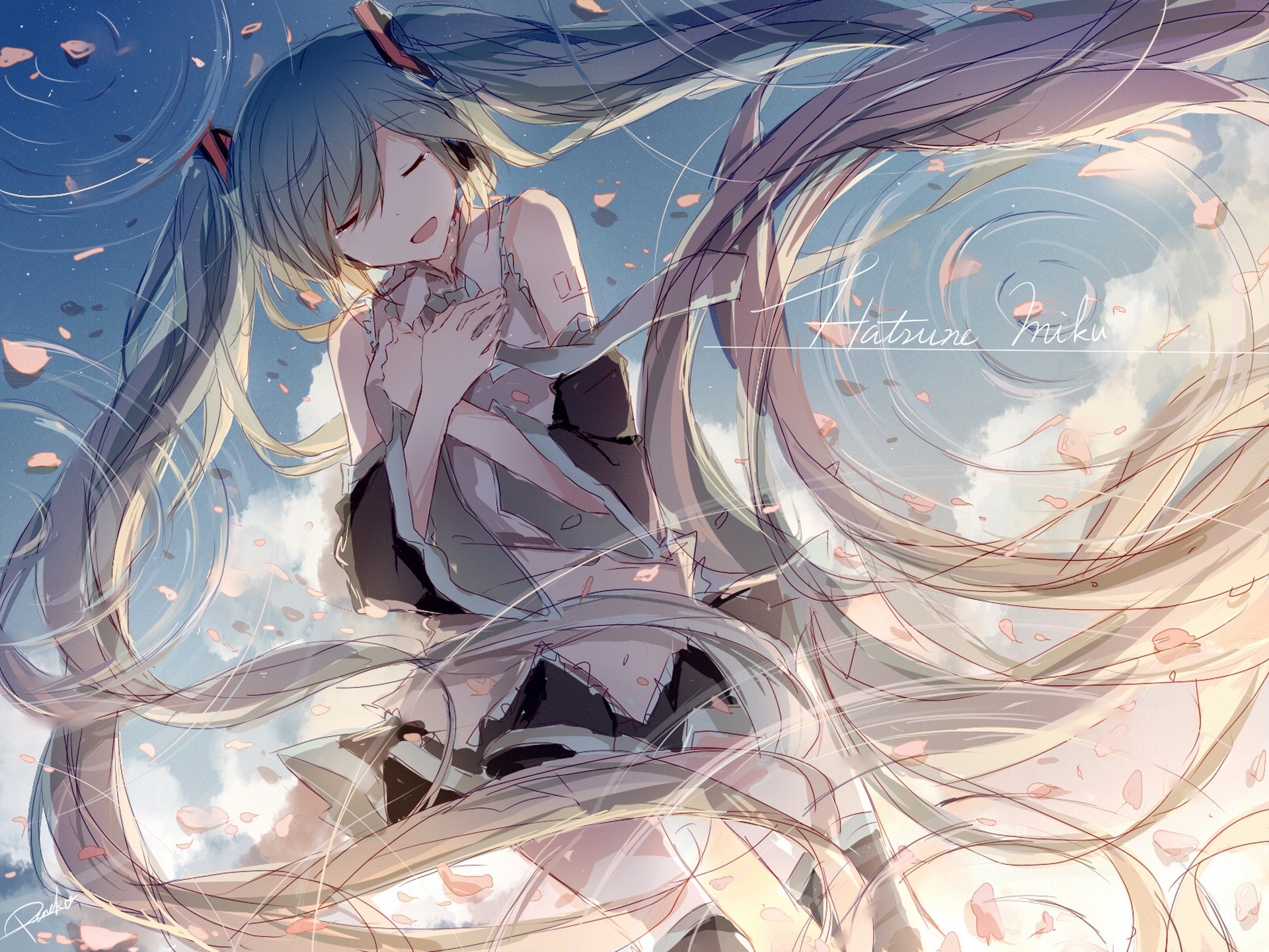 Hatsune Miku with flowing twintails and falling petals HD Wallpaper