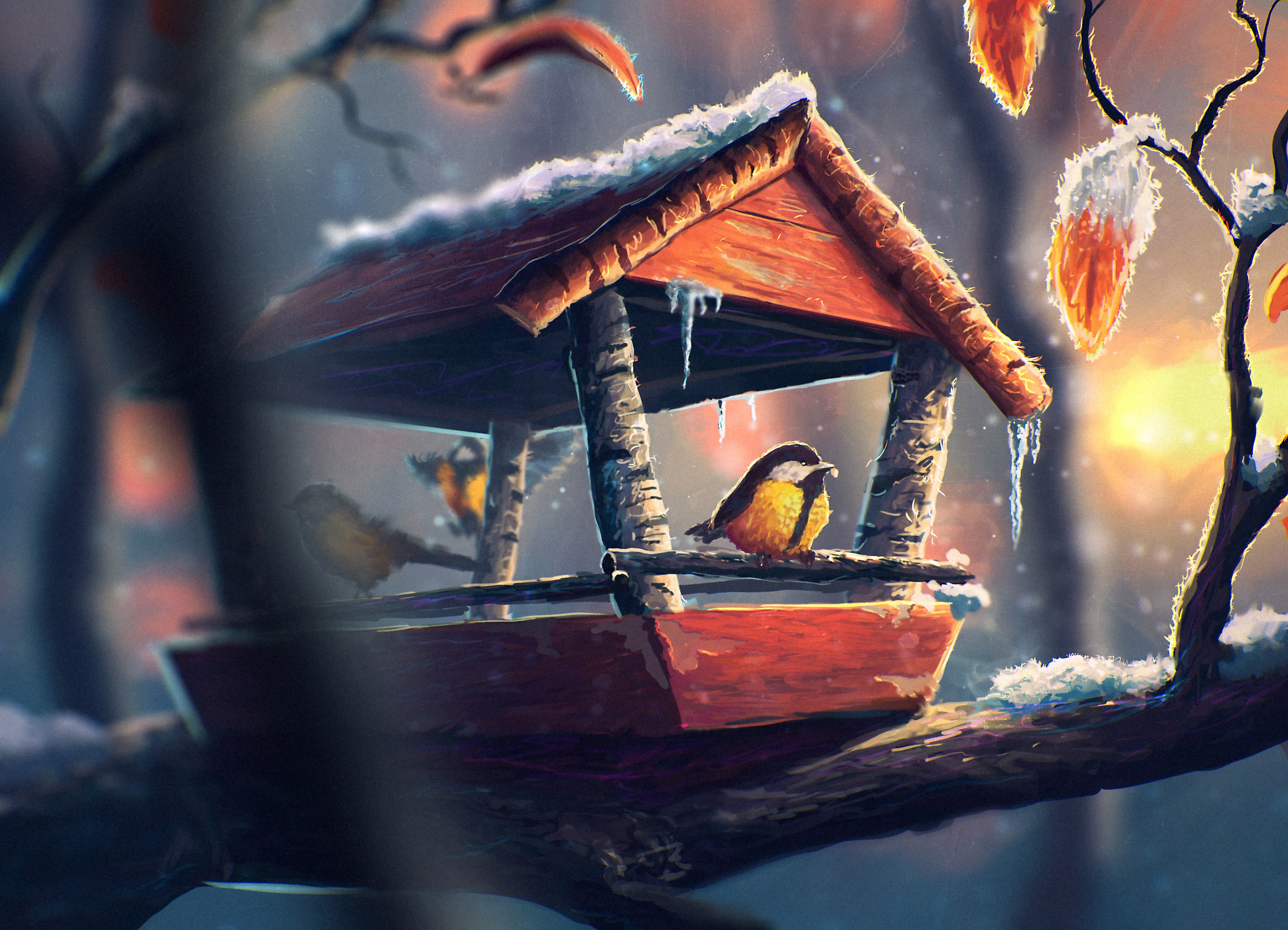 Two birds on a snowy birdhouse in winter HD Wallpaper