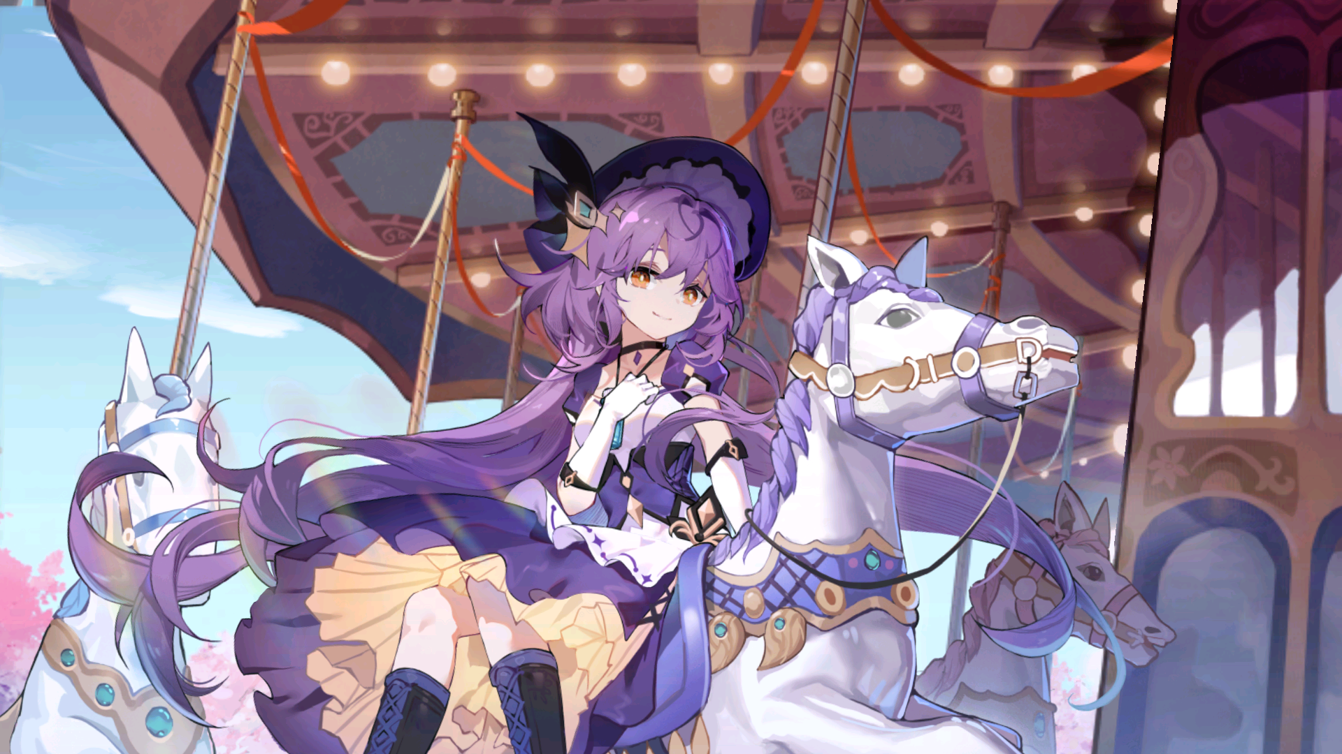 Girl with purple hair on a carousel horse HD Wallpaper