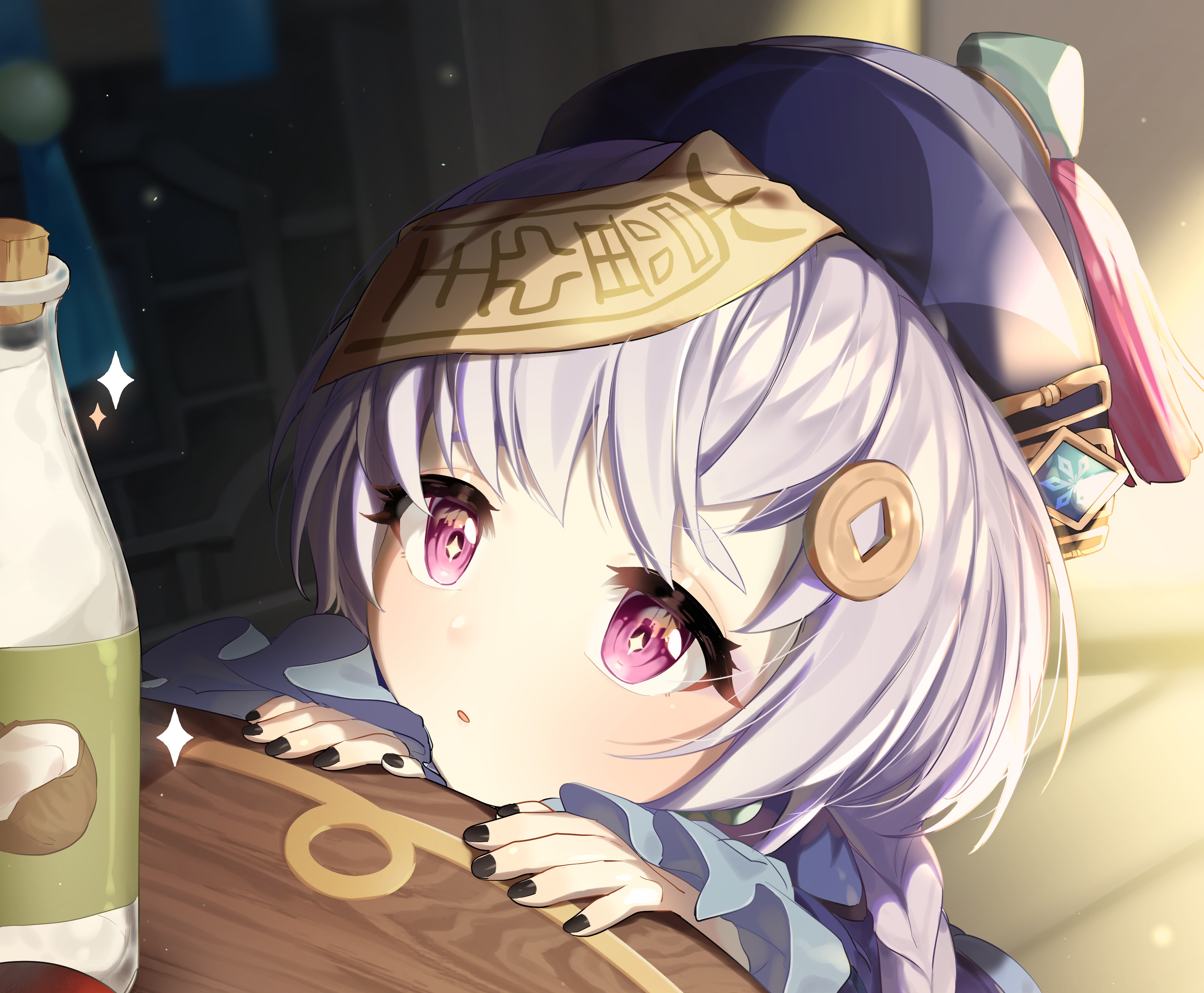 Qiqi from Genshin Impact with pink eyes and purple hair HD Wallpaper