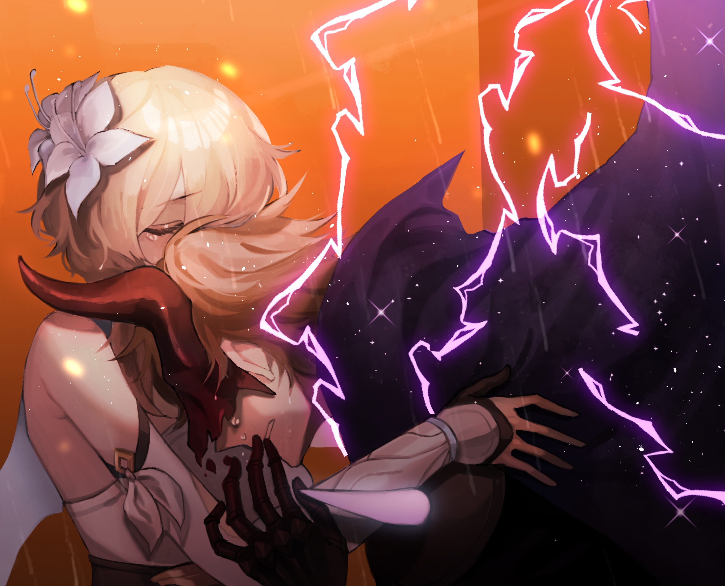 Genshin Impact: Lumine and Tartaglia embrace amidst lightning HD Wallpaper