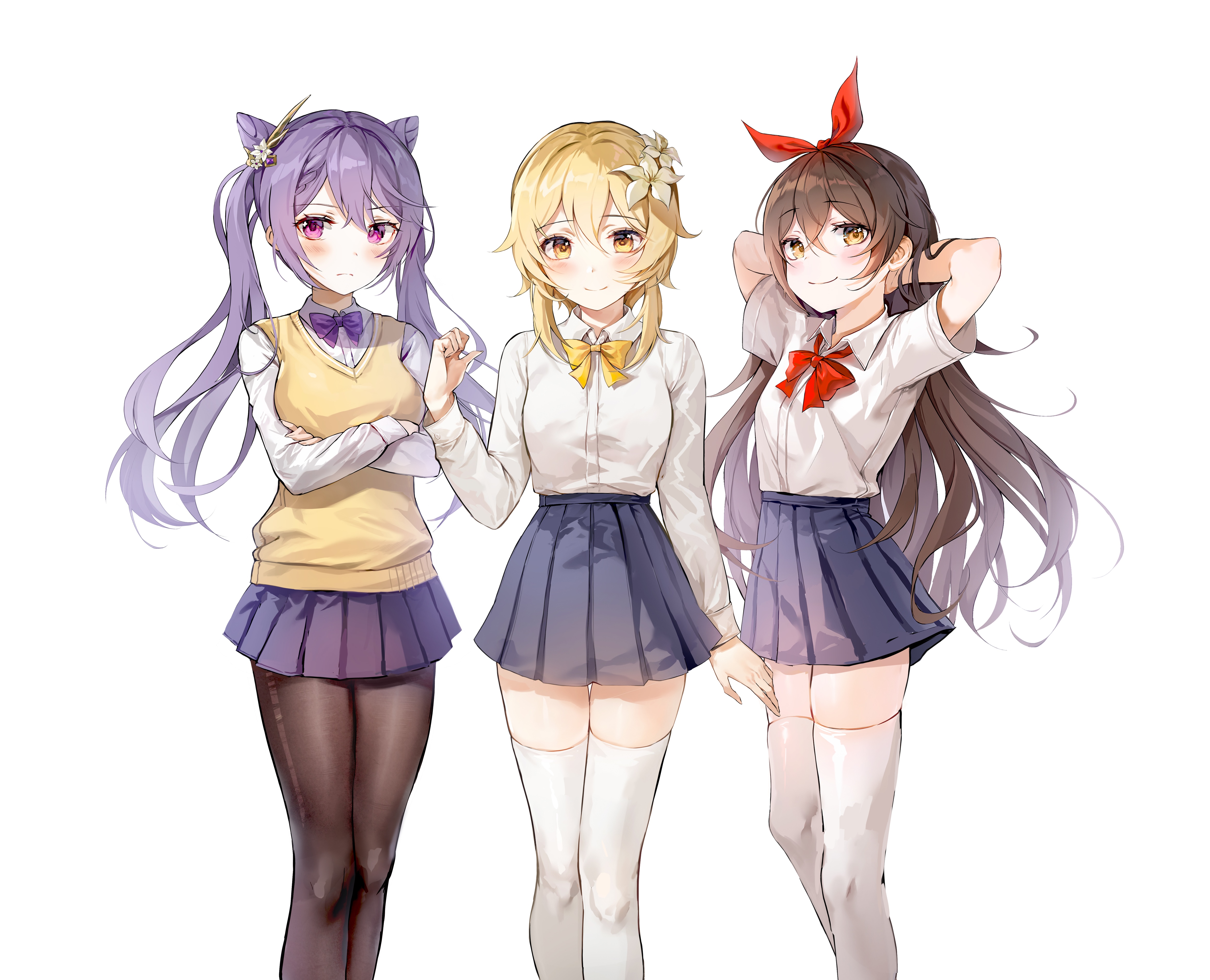 Keqing, Lumine, and Amber in school uniforms HD Wallpaper