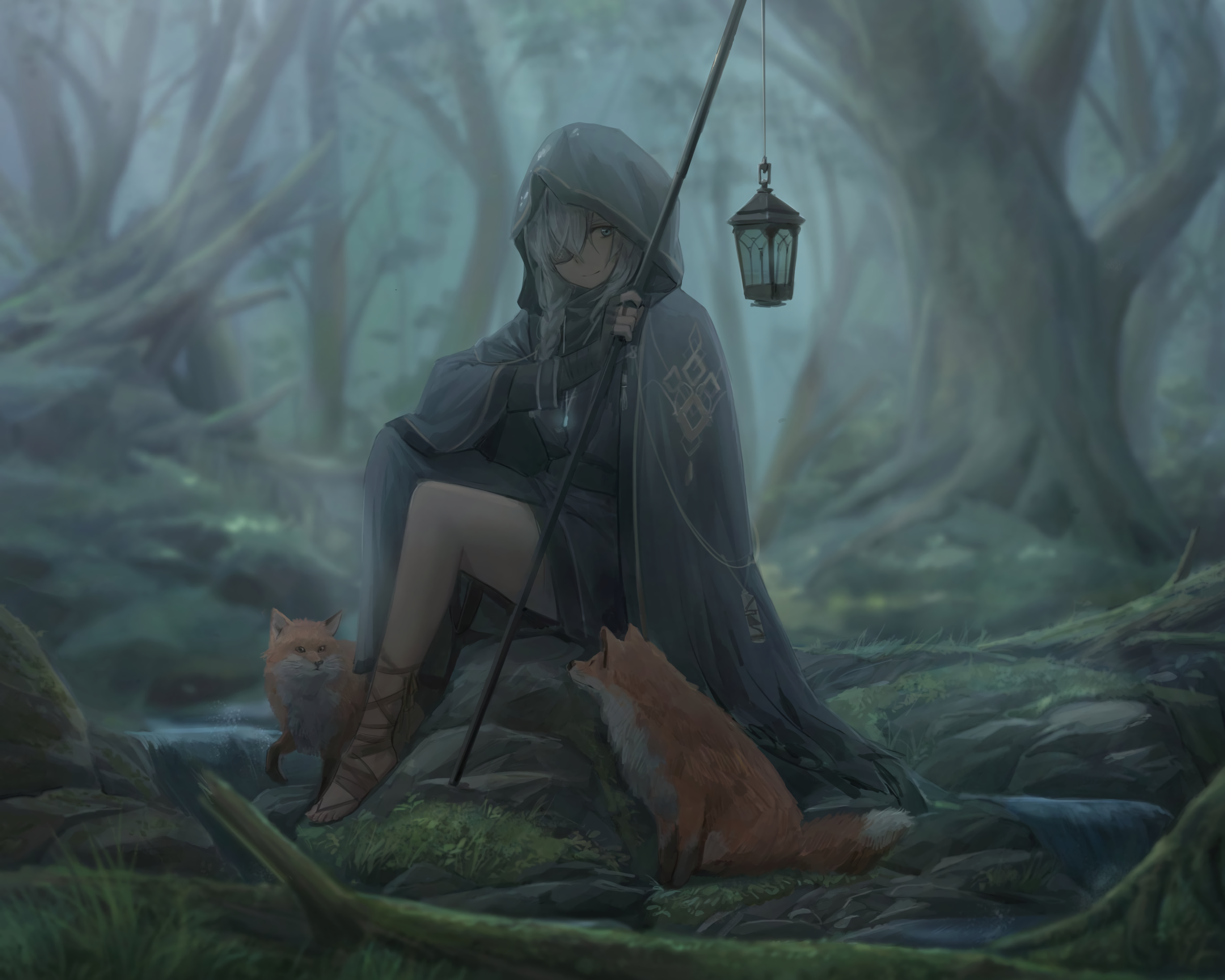 Girl in a cape with foxes in a misty forest HD Wallpaper