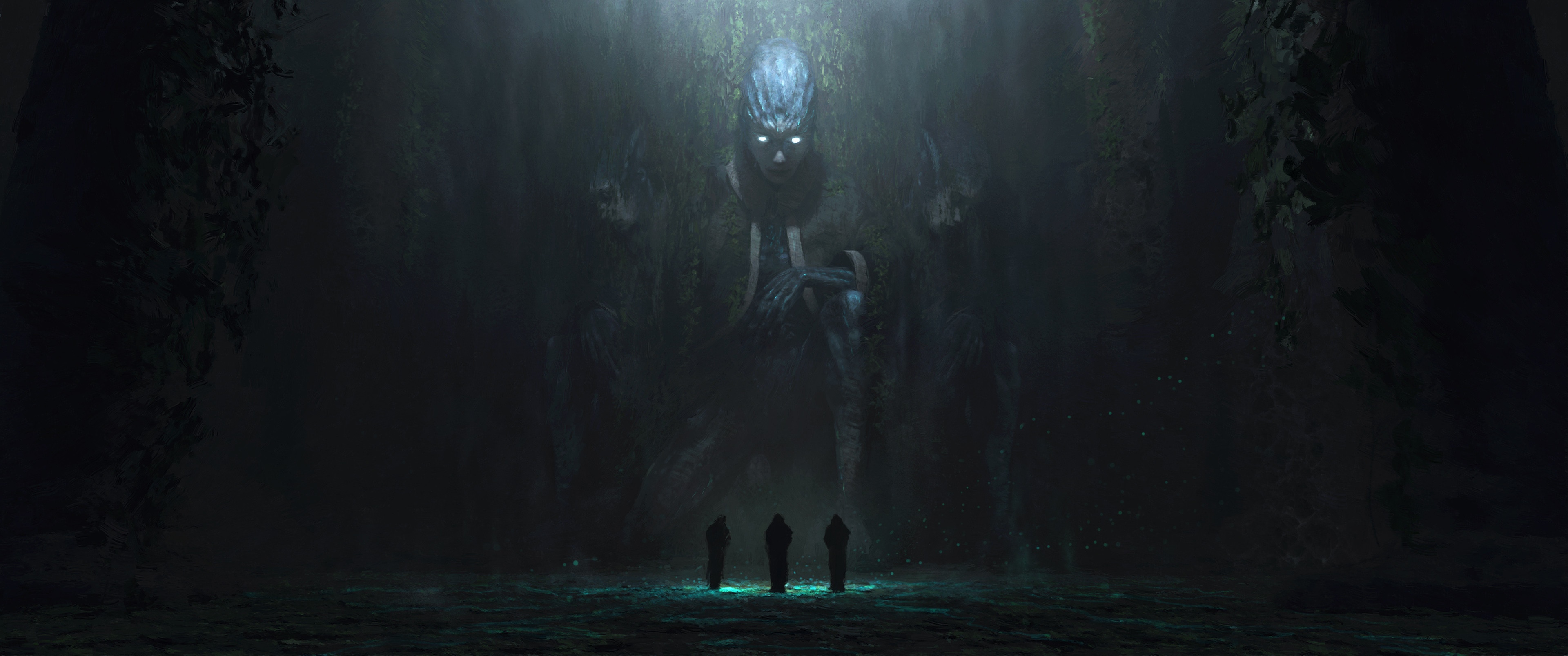 4K Cave with Giant Statue and Glowing Eyes HD Wallpaper
