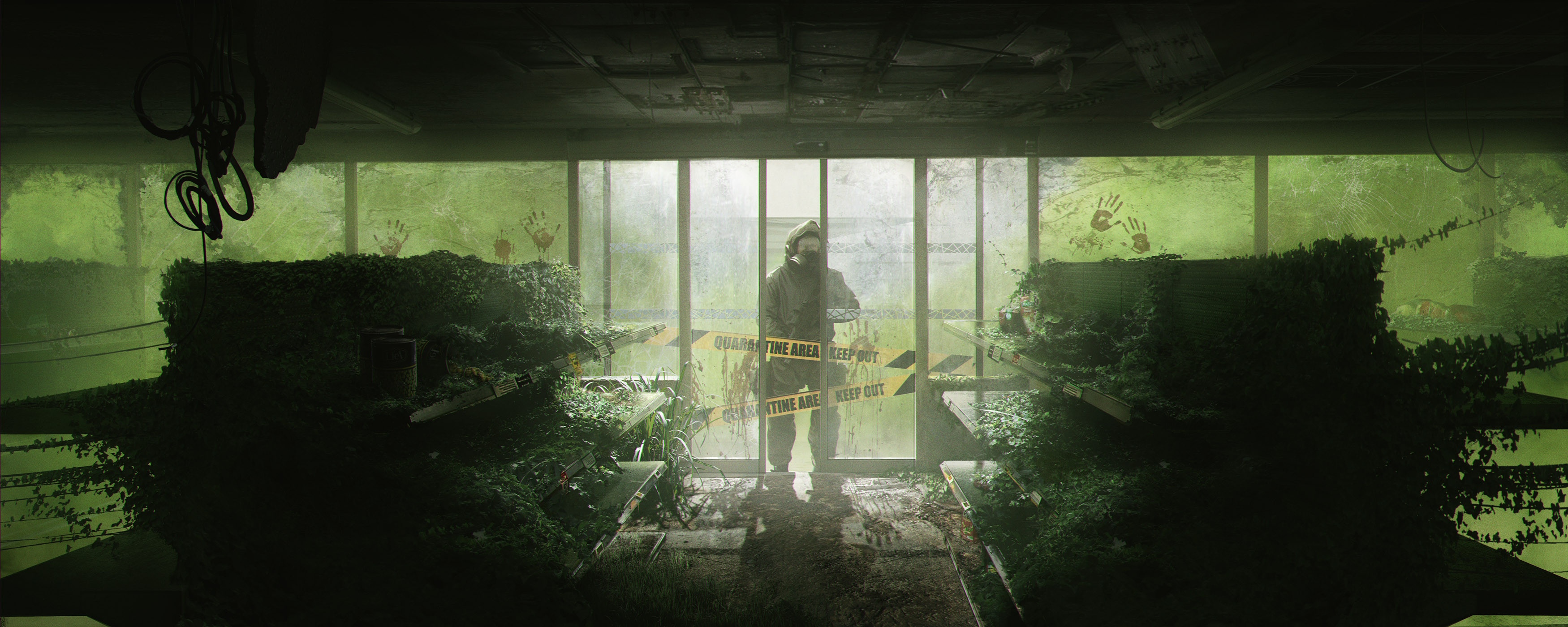 Post-apocalyptic scene with a person in a hazmat suit HD Wallpaper