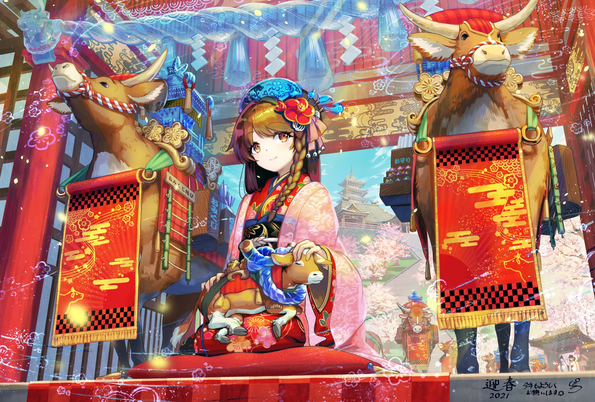 Anime Girl in Kimono with Ox Decorations HD Wallpaper