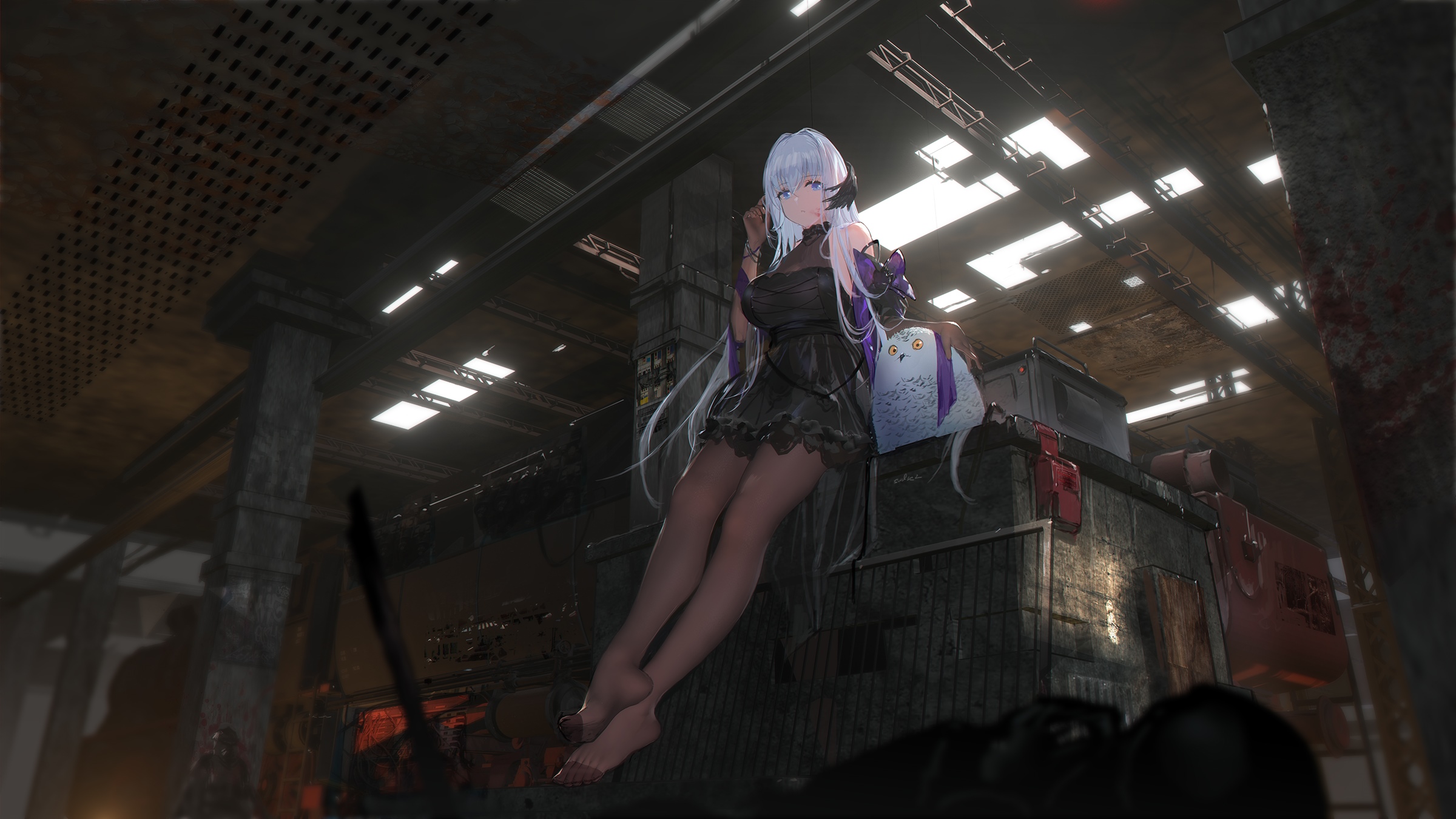 Anime girl with white hair and owl plushie HD Wallpaper