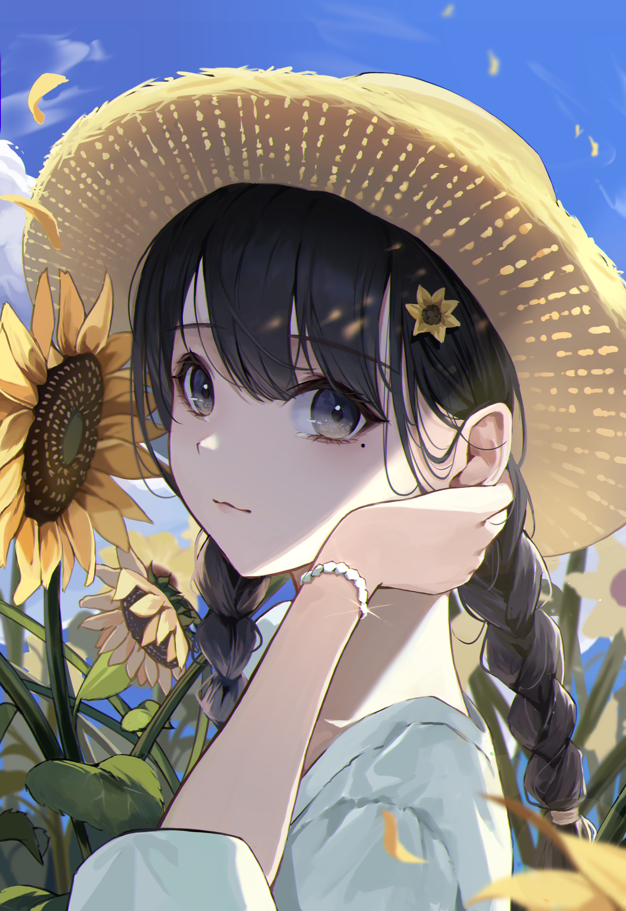 Anime girl with braids and straw hat in sunflowers HD Phone Wallpaper