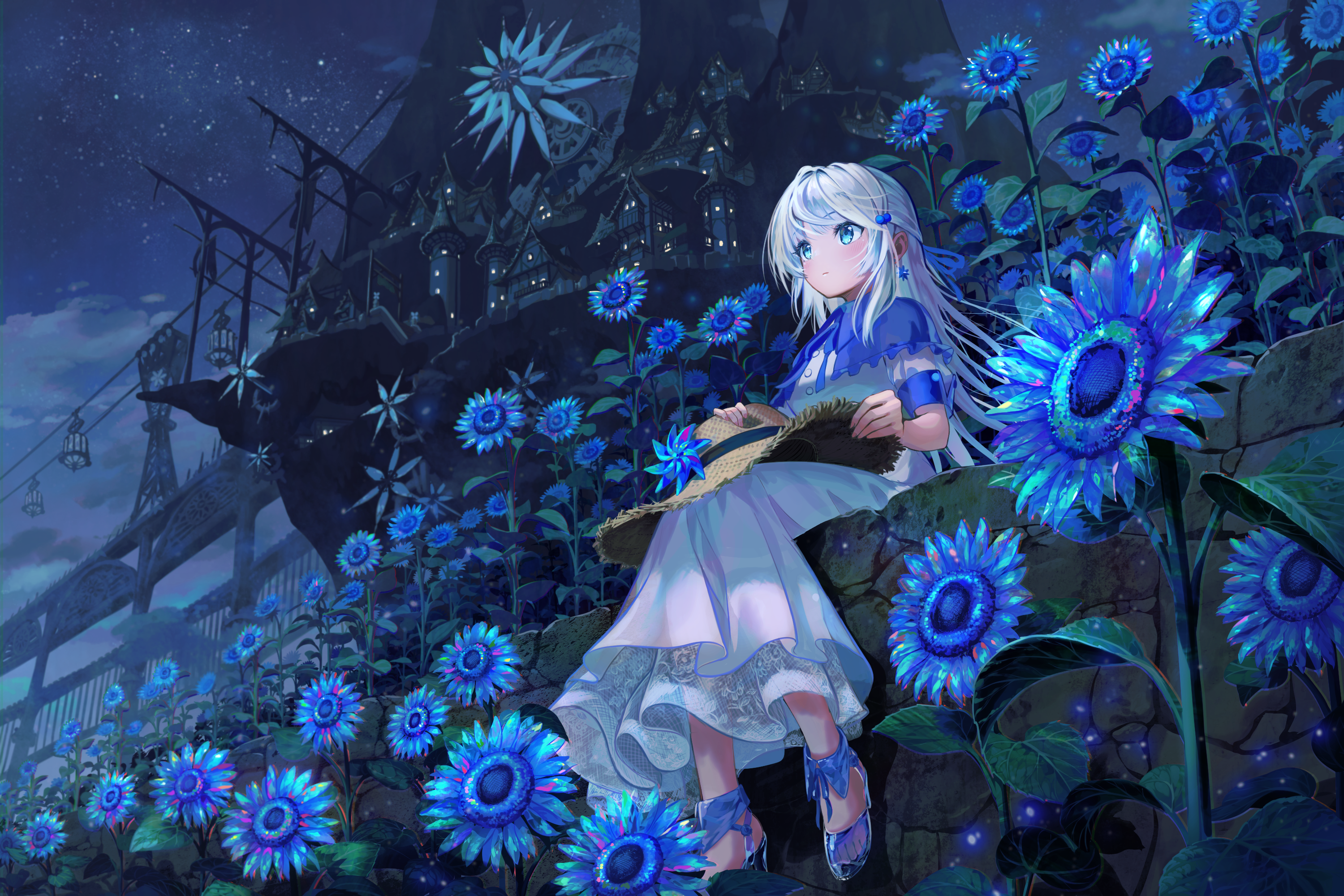 Girl in a field of blue sunflowers near a fantasy city HD Wallpaper