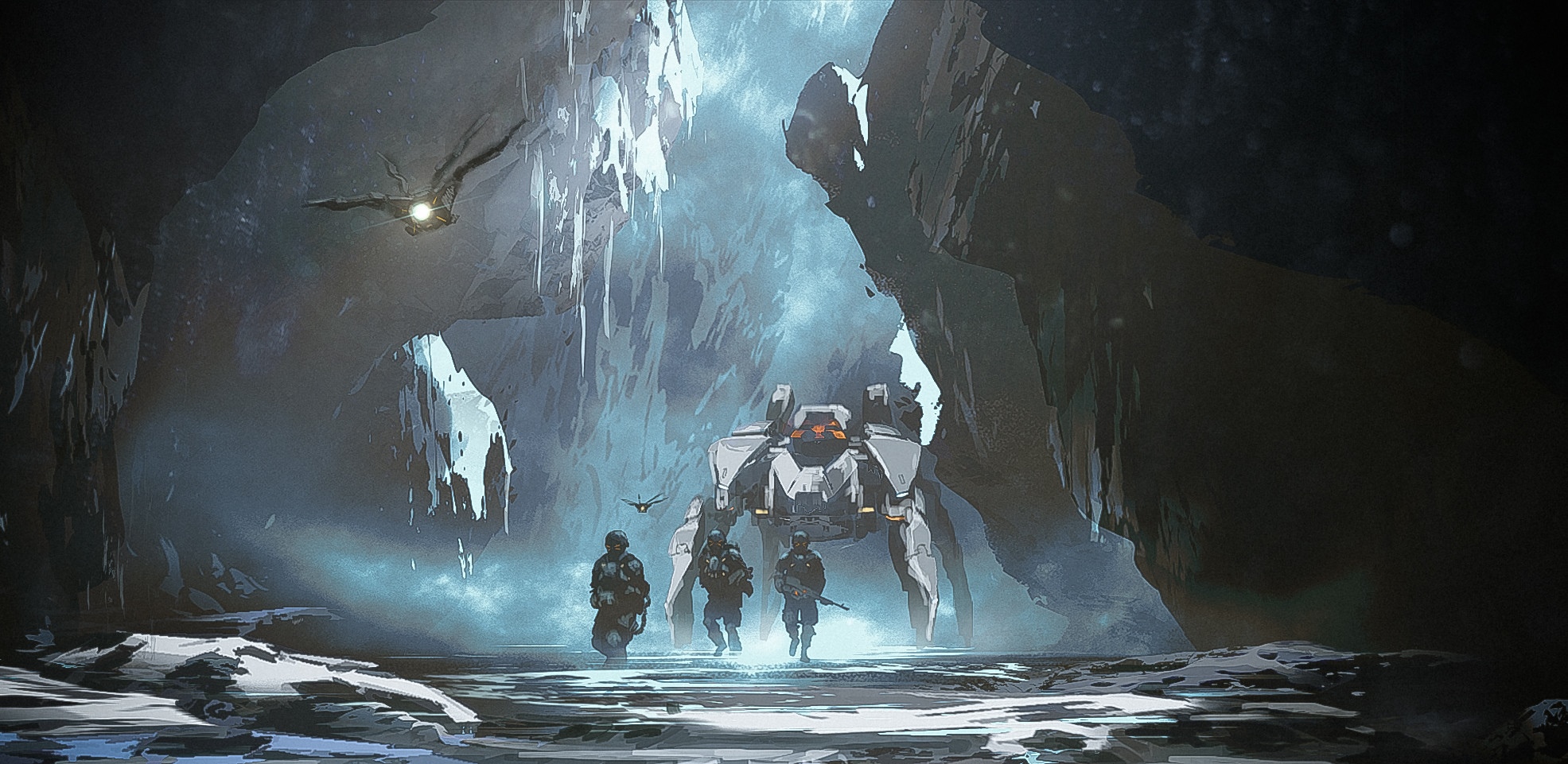 Soldiers and mech in an icy cave HD Wallpaper