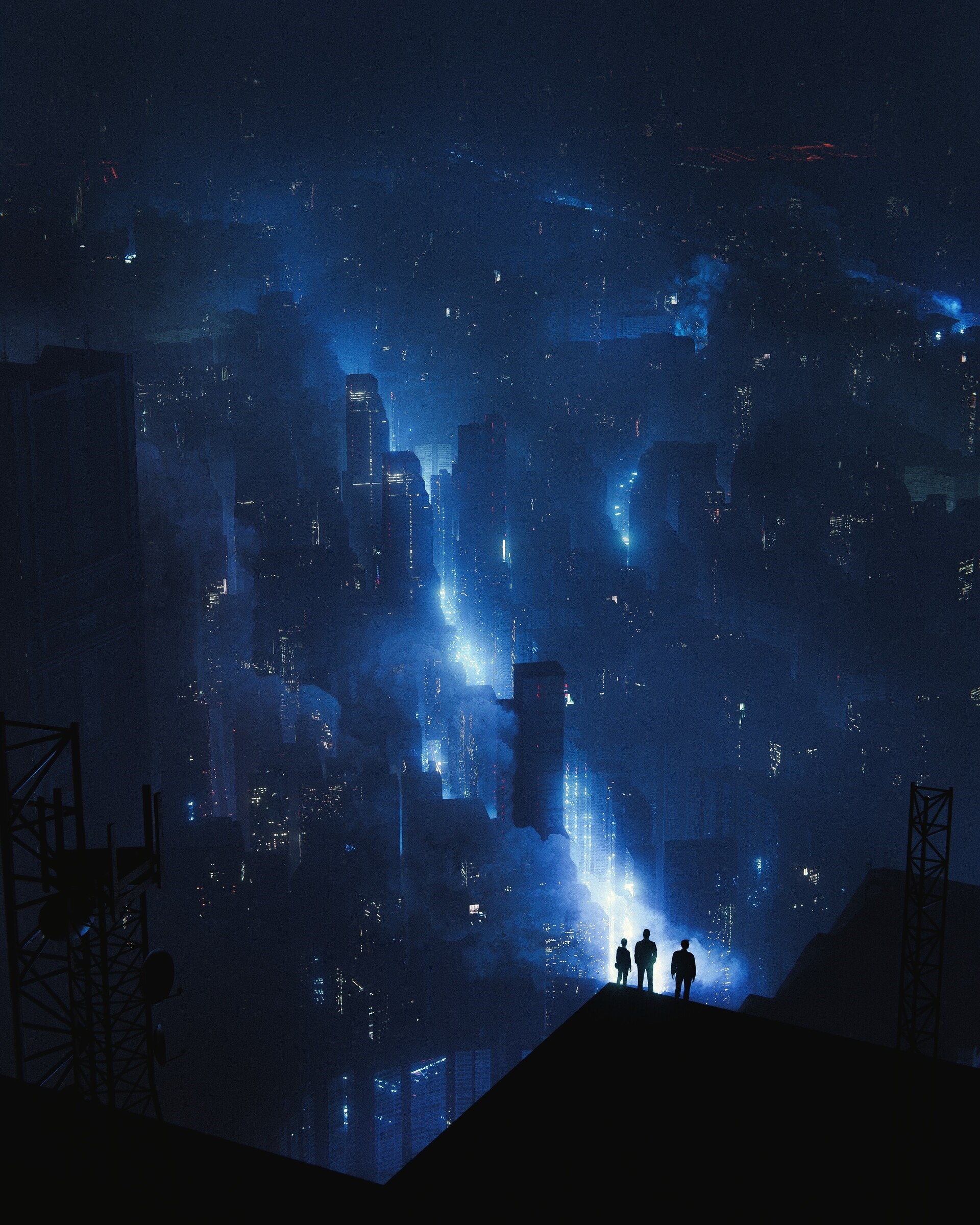 Three people stand on a rooftop overlooking a futuristic city at night. HD Phone Wallpaper