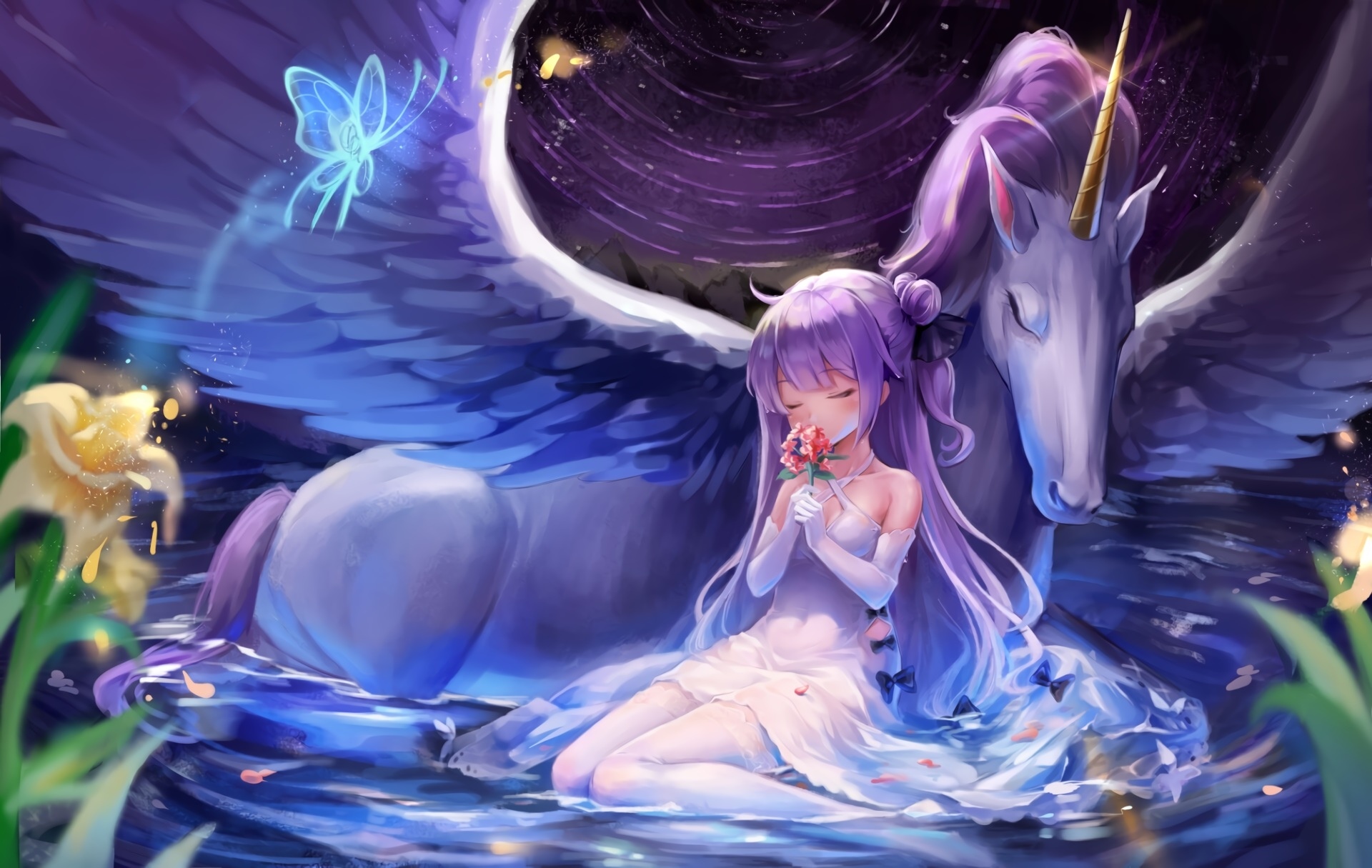 Girl smelling flowers next to a unicorn HD Wallpaper
