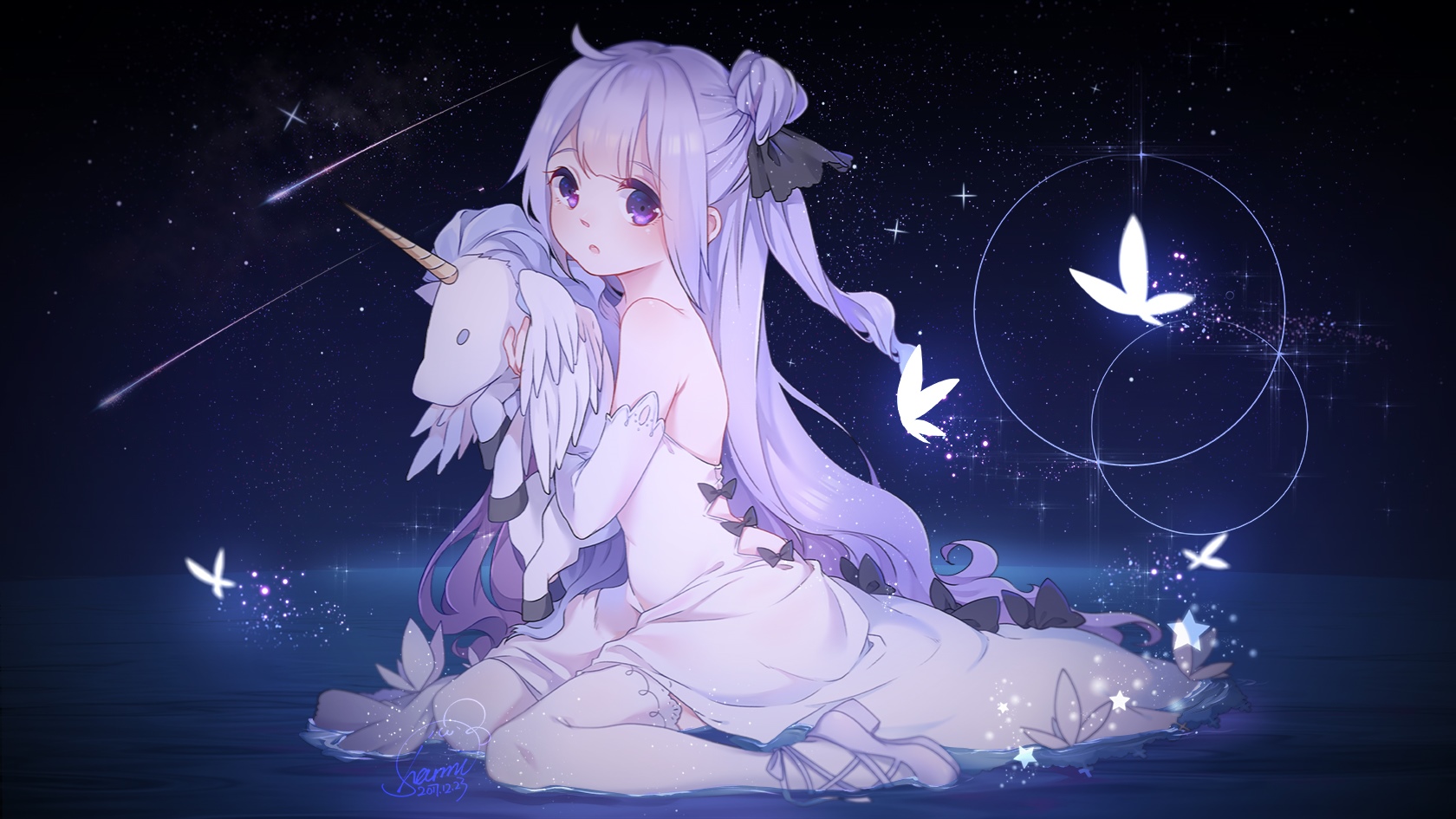 Girl with Unicorn in a Starry Night Sky HD Wallpaper