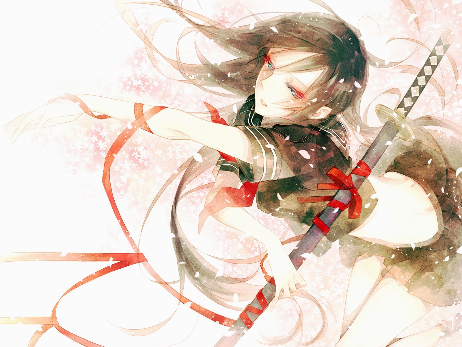 Anime girl with katana and red ribbons HD Wallpaper