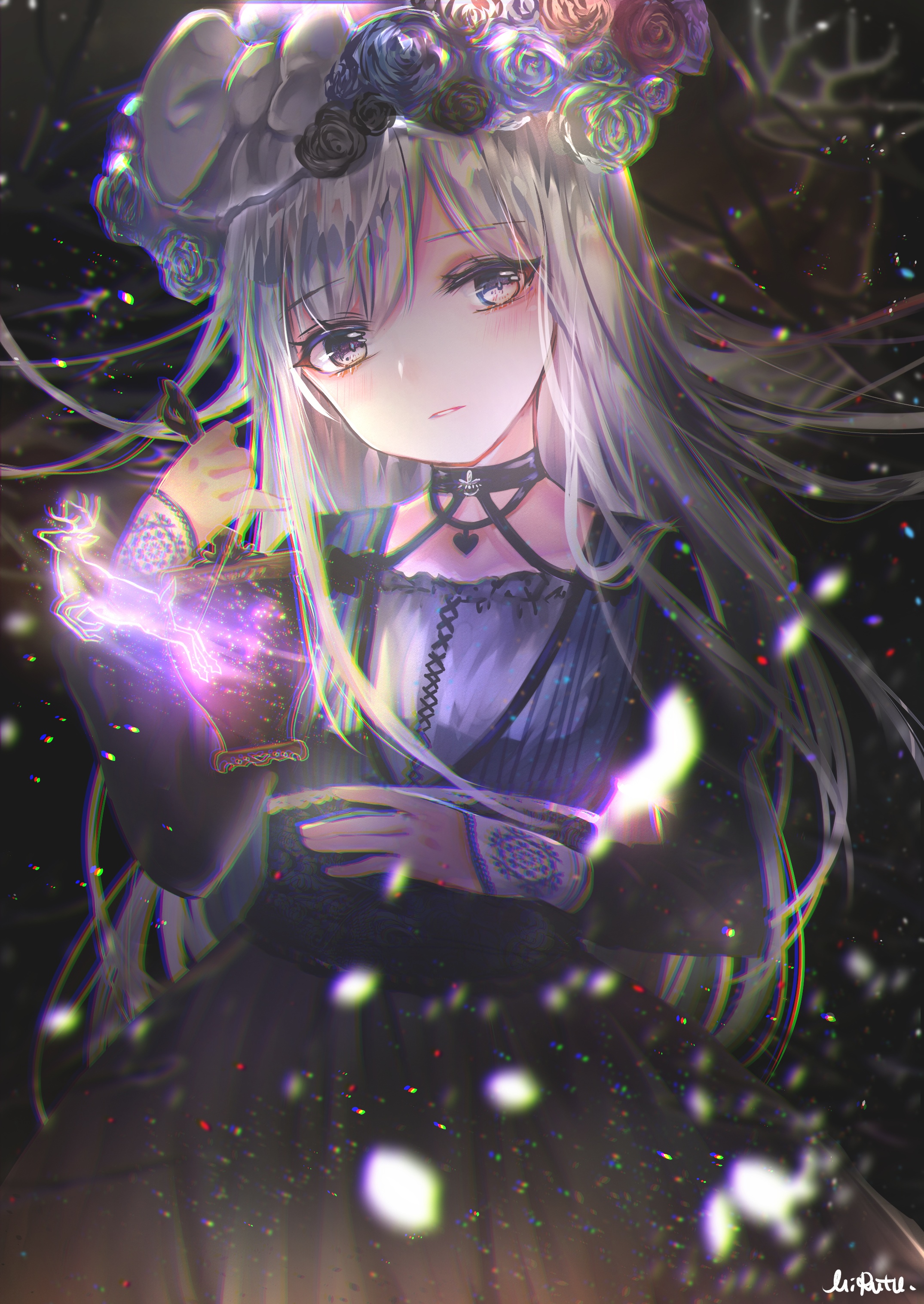 Anime girl with a flower crown holding a glowing object HD Phone Wallpaper