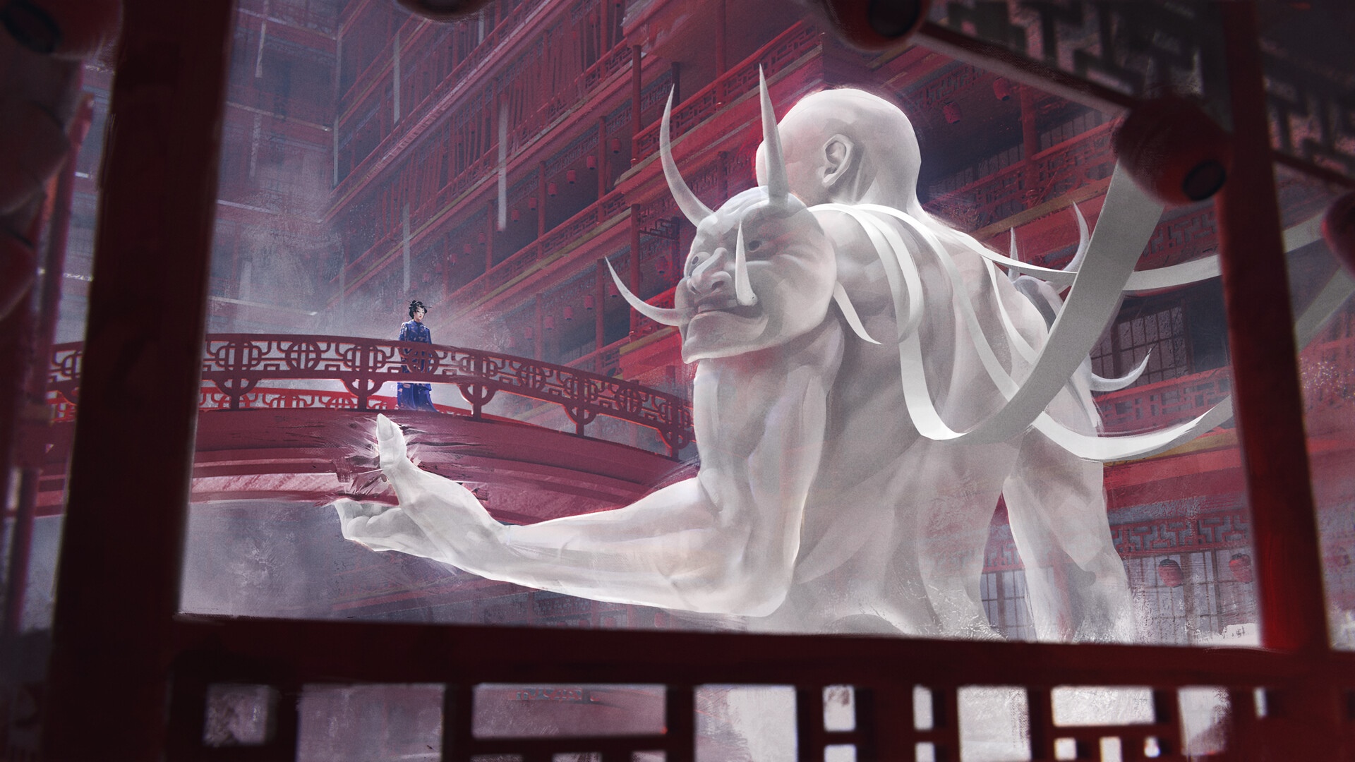 Giant demon statue in front of Asian architecture HD Wallpaper