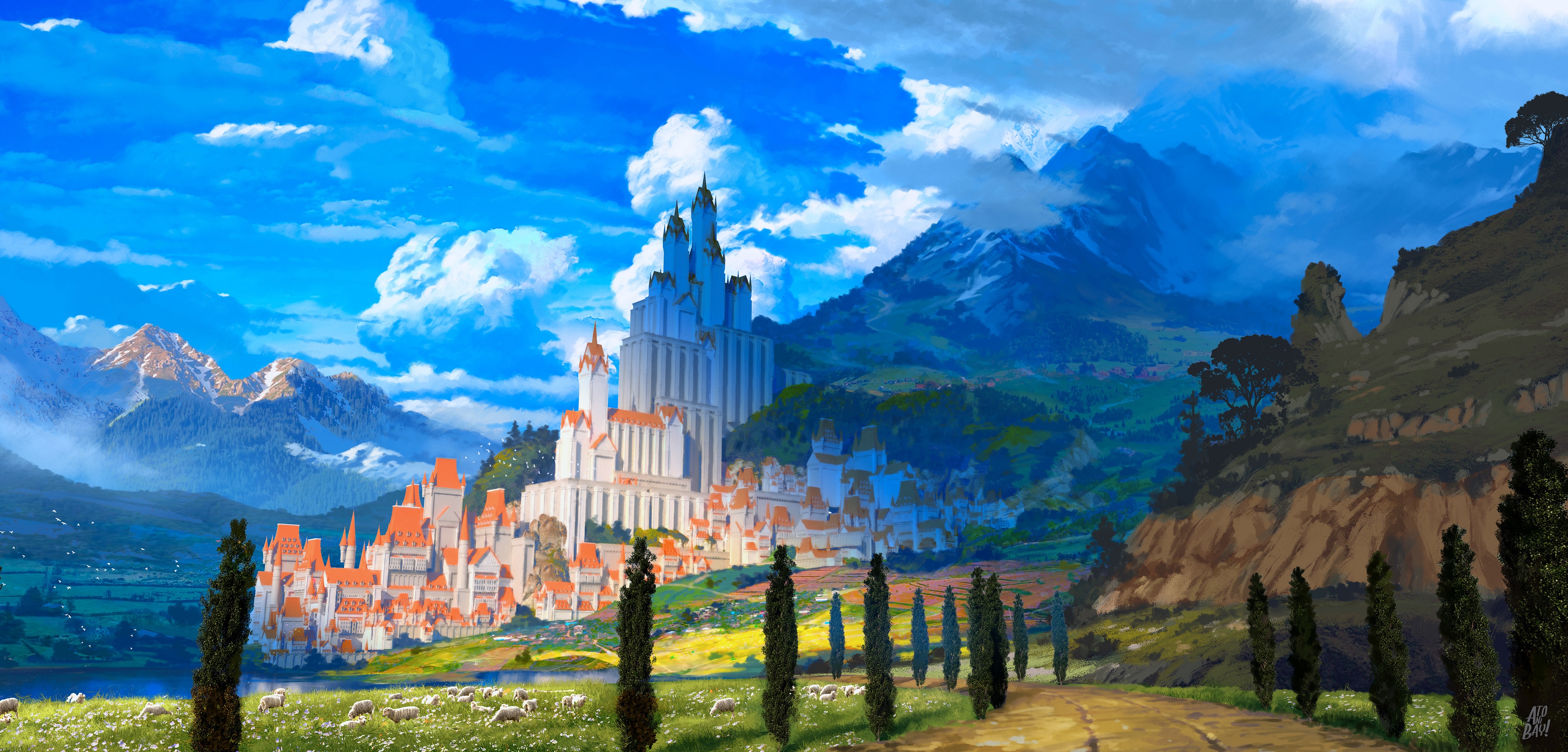 4K castle with mountains and trees HD Wallpaper