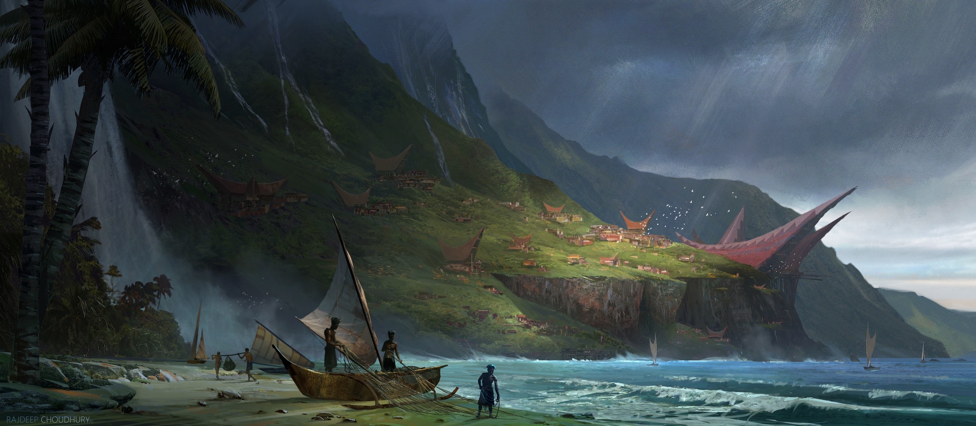 Artwork of a coastal village with boats and mountains HD Wallpaper