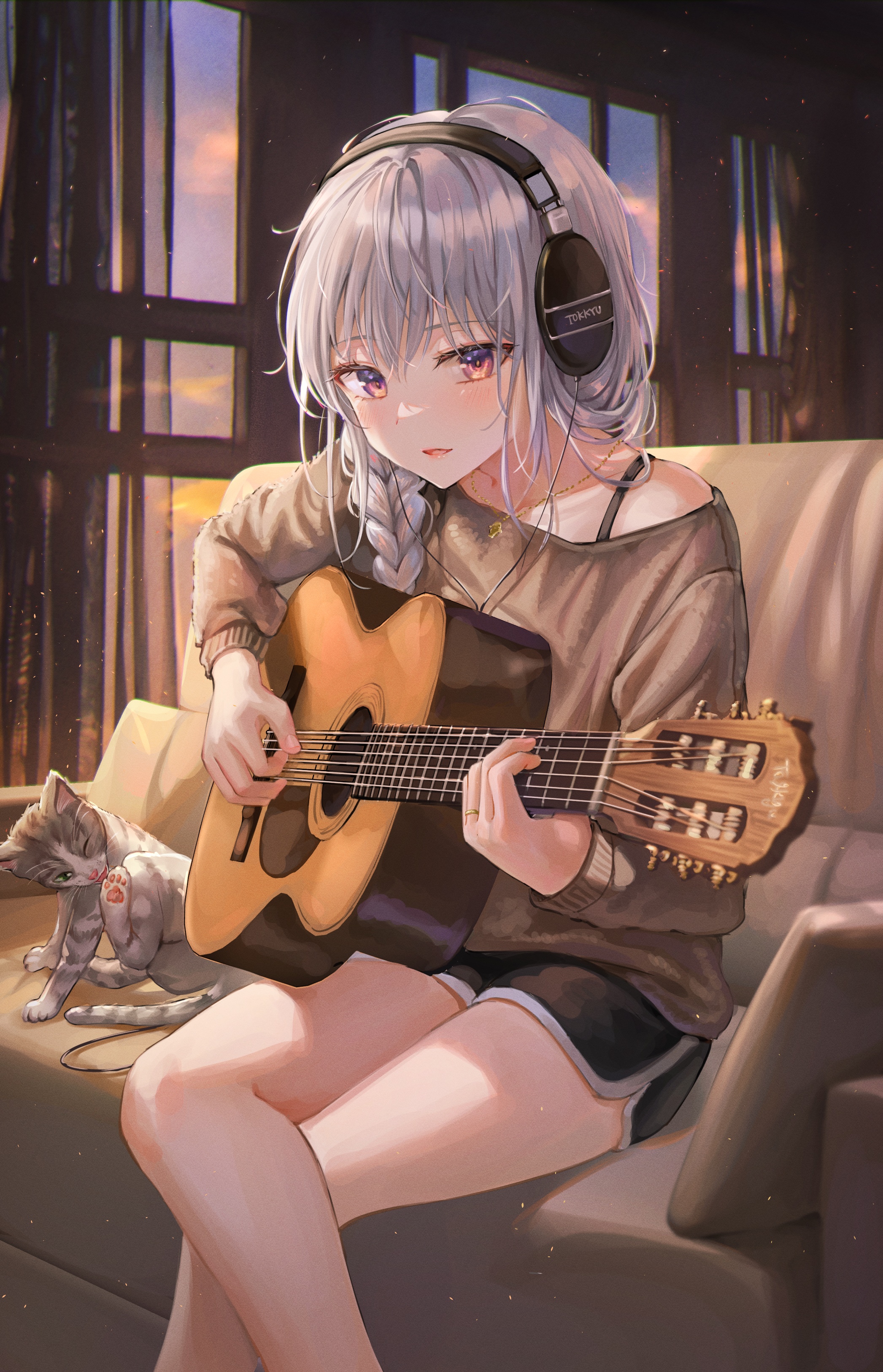 Girl with headphones playing guitar with cat HD Phone Wallpaper