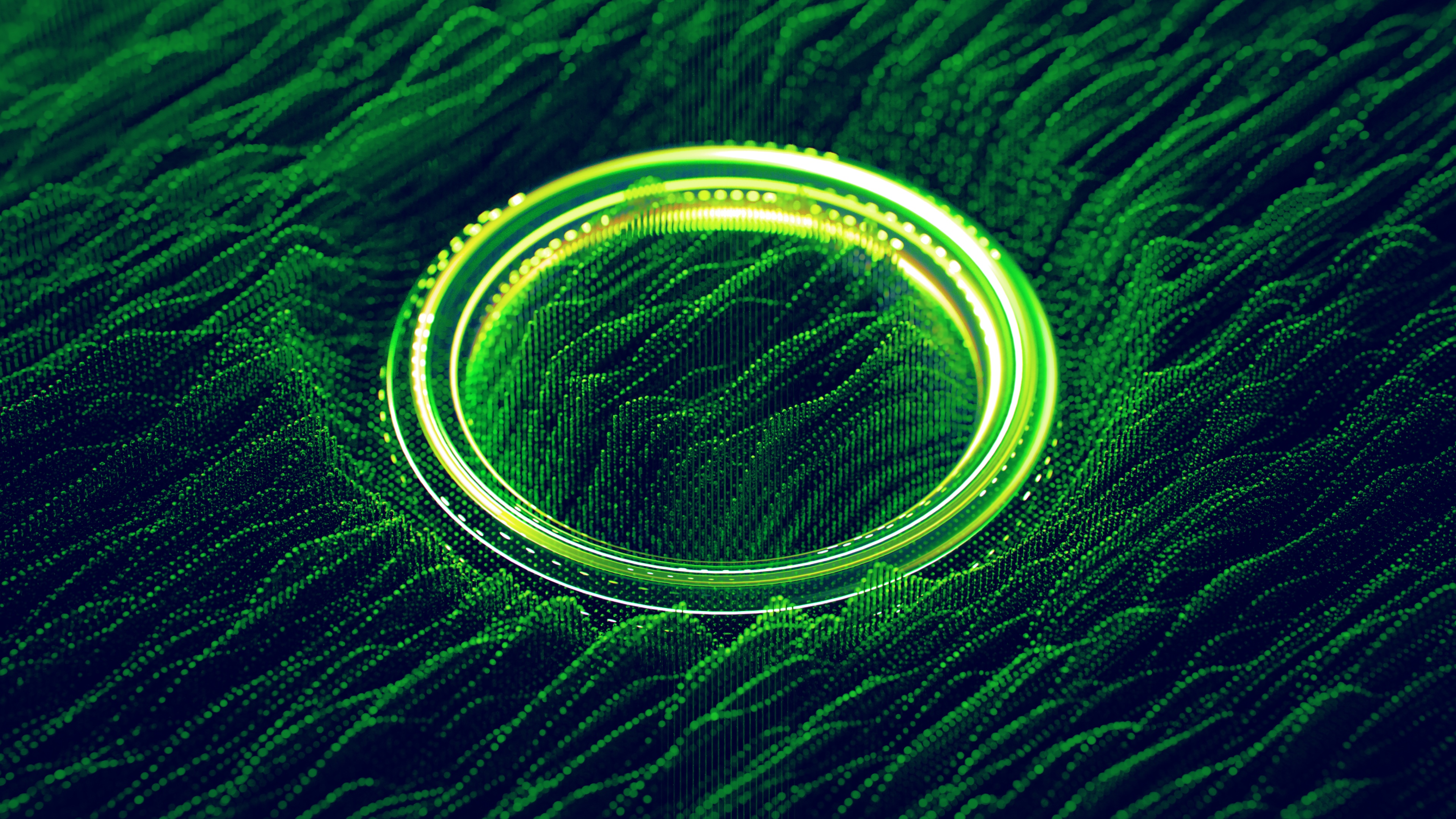 Green abstract data waves with glowing rings HD Wallpaper