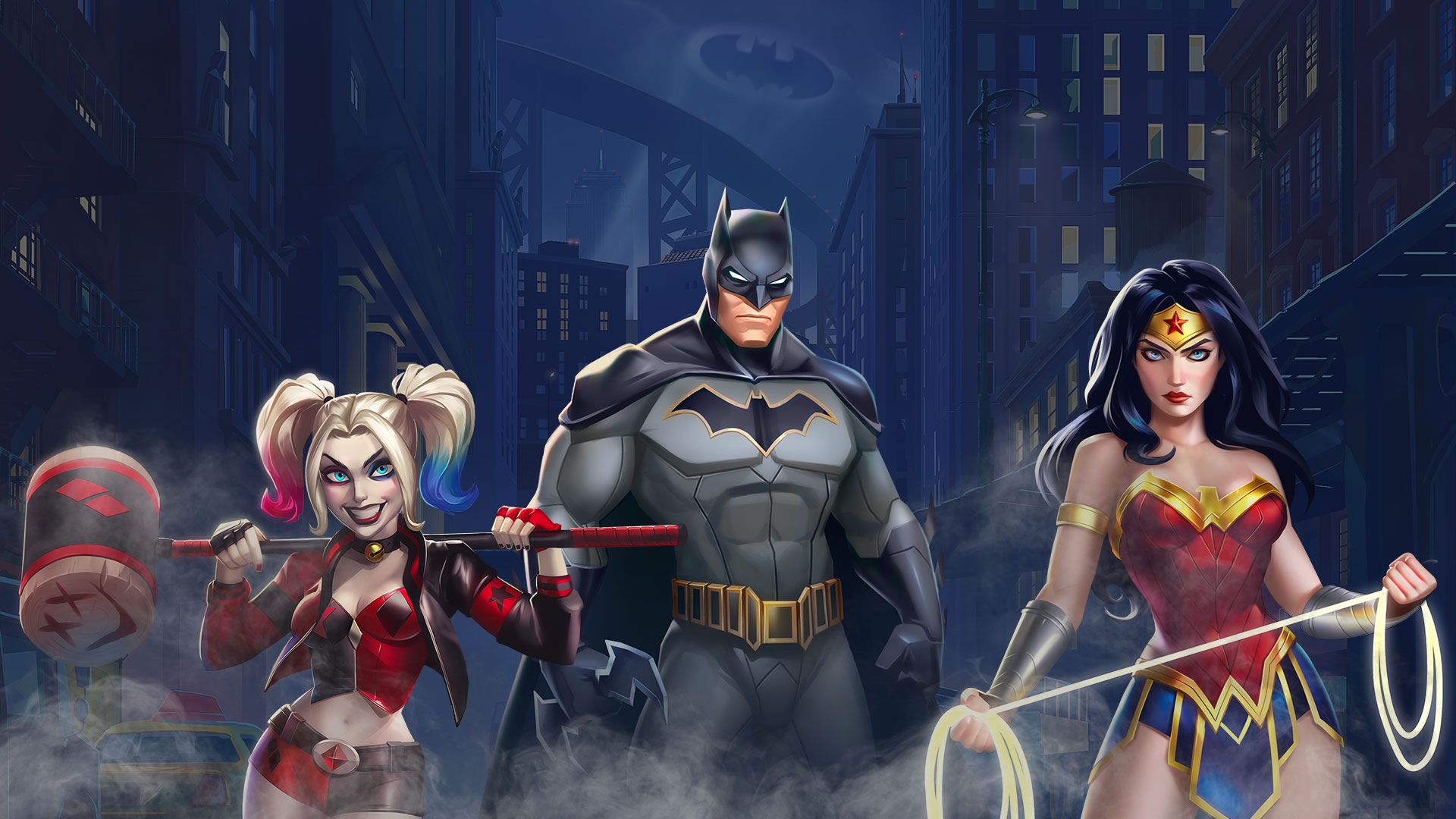 Batman, Wonder Woman, and Harley Quinn in Gotham City HD Wallpaper