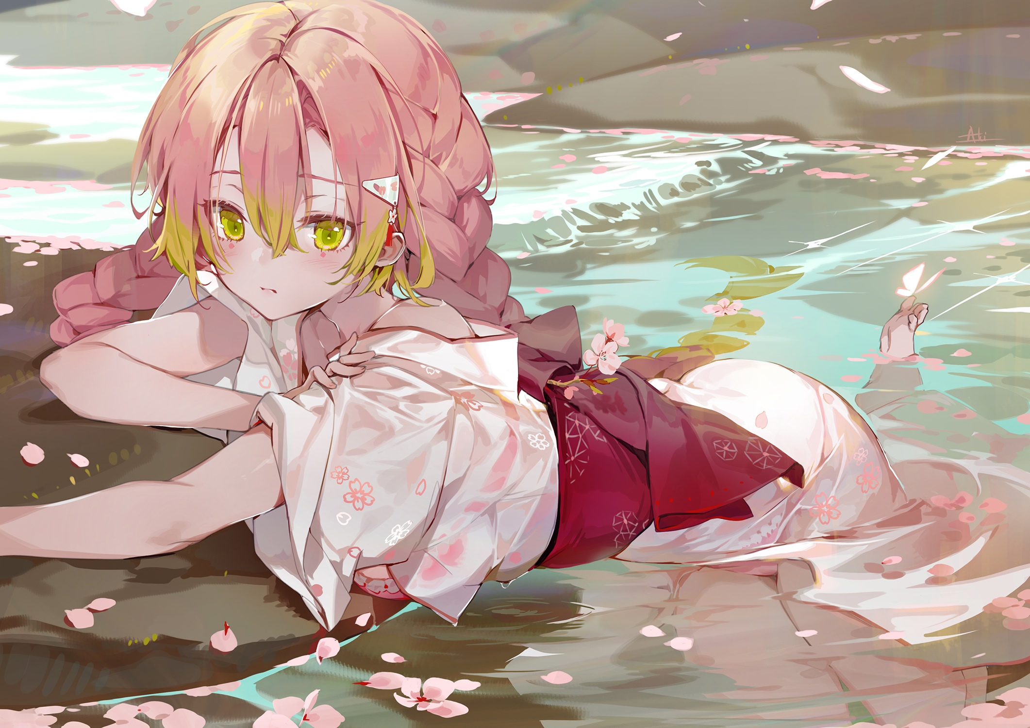 Mitsuri Kanroji in water with cherry blossoms HD Wallpaper