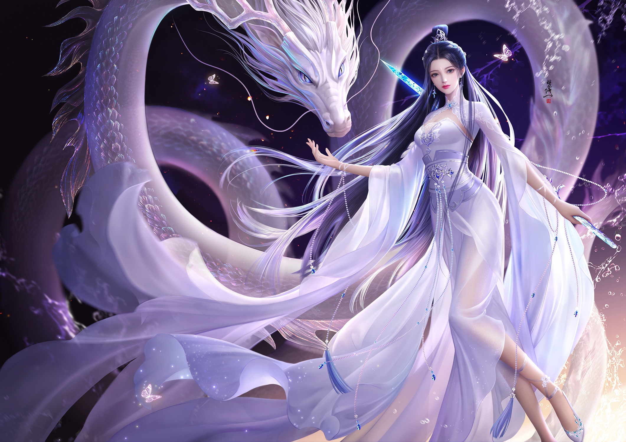 Woman in Chinese Clothing with White Dragon HD Wallpaper