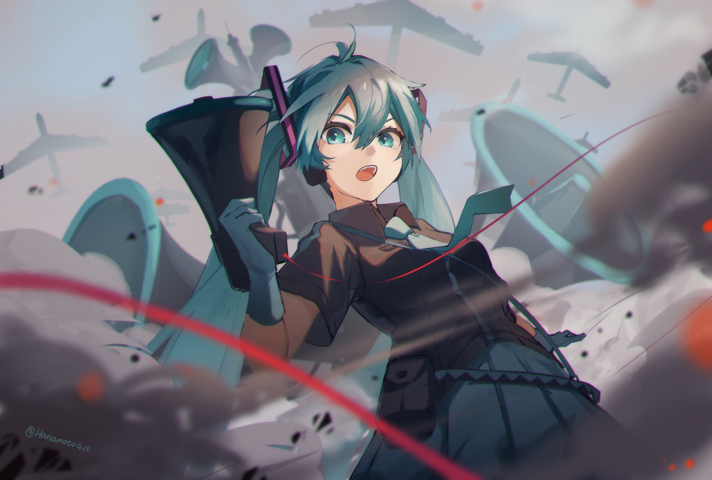 Hatsune Miku with Megaphone in a War-Torn Sky HD Wallpaper