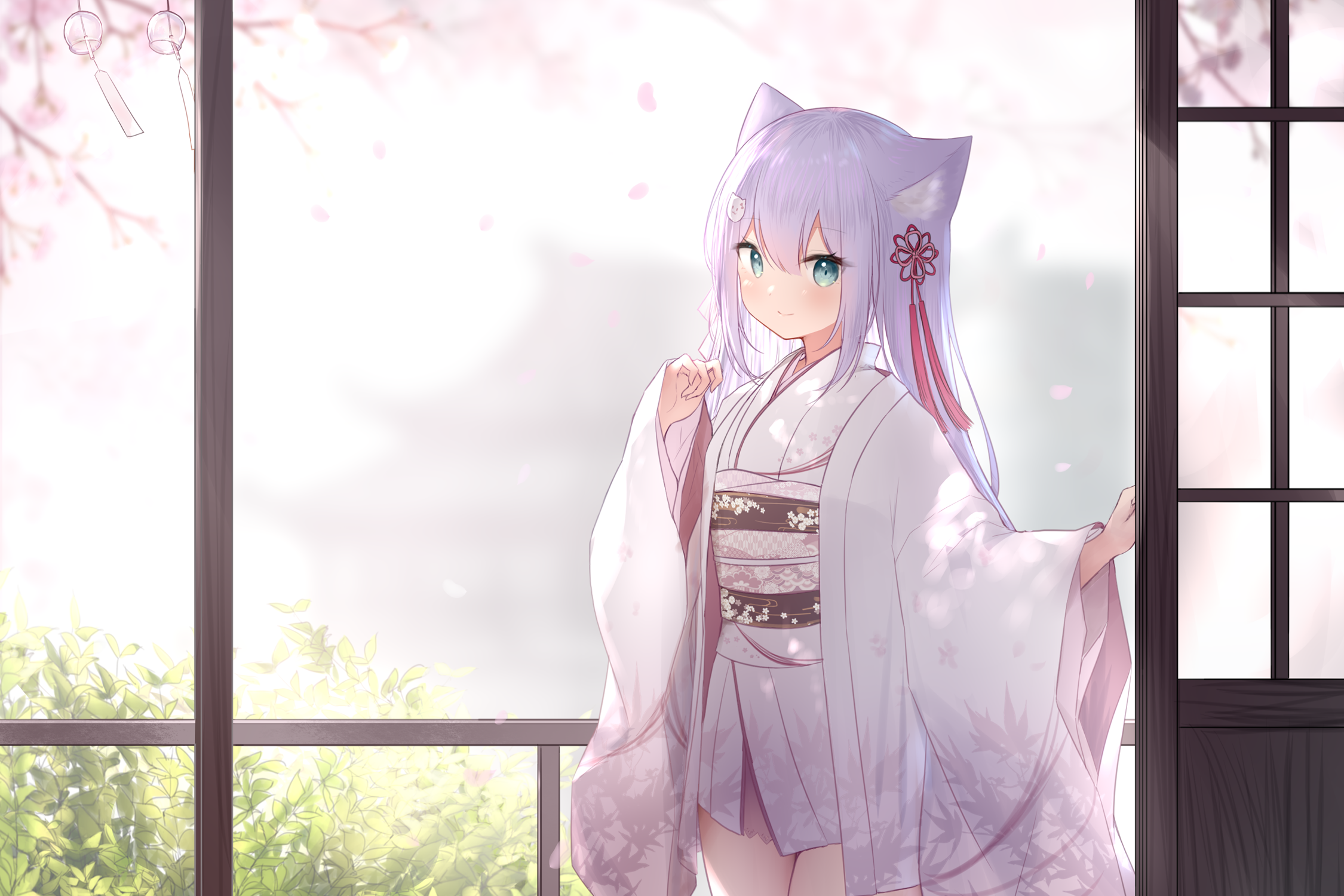 Cat girl in kimono with purple hair and aqua eyes HD Wallpaper