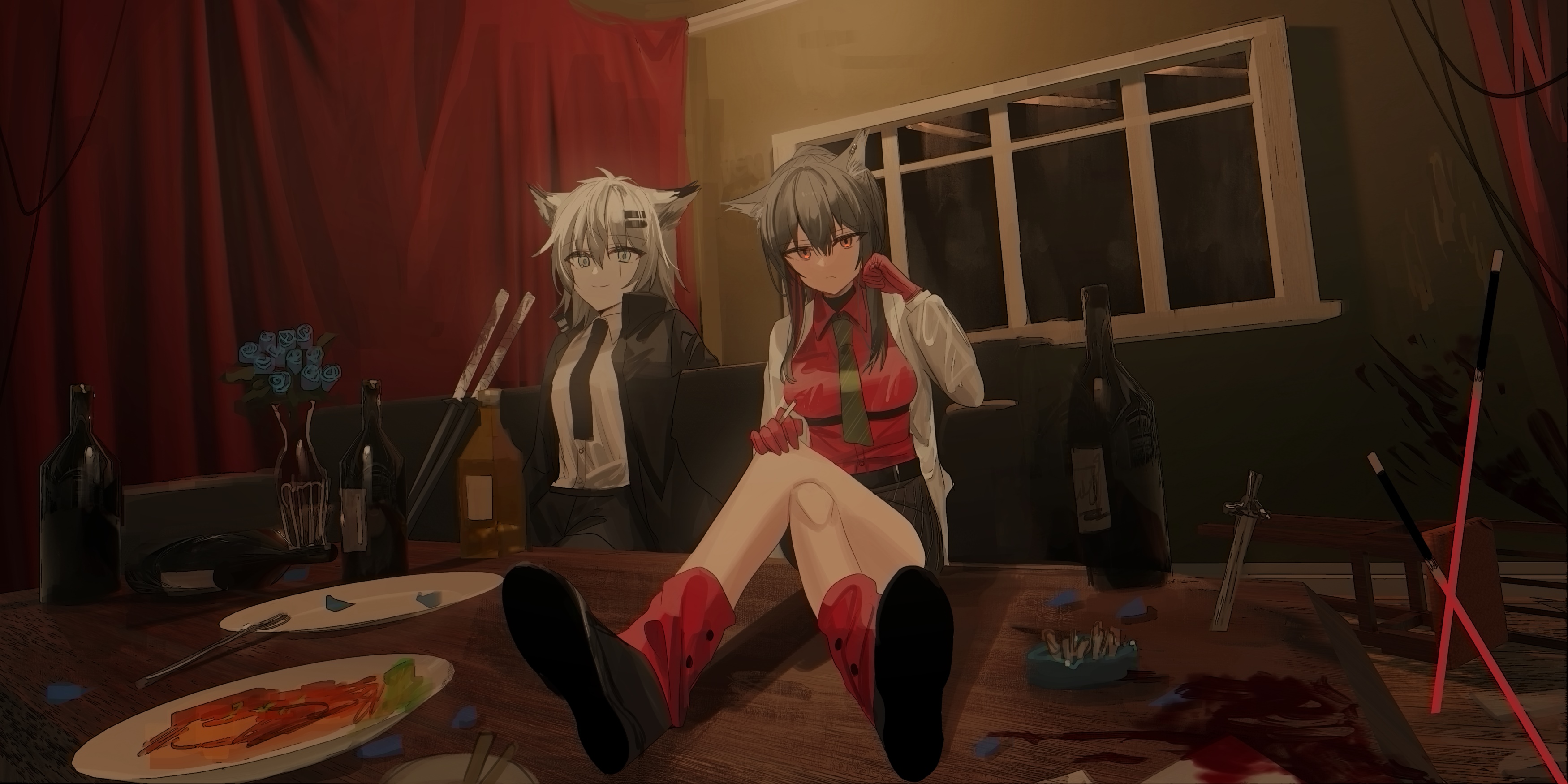Lappland and Texas from Arknights at a table HD Wallpaper