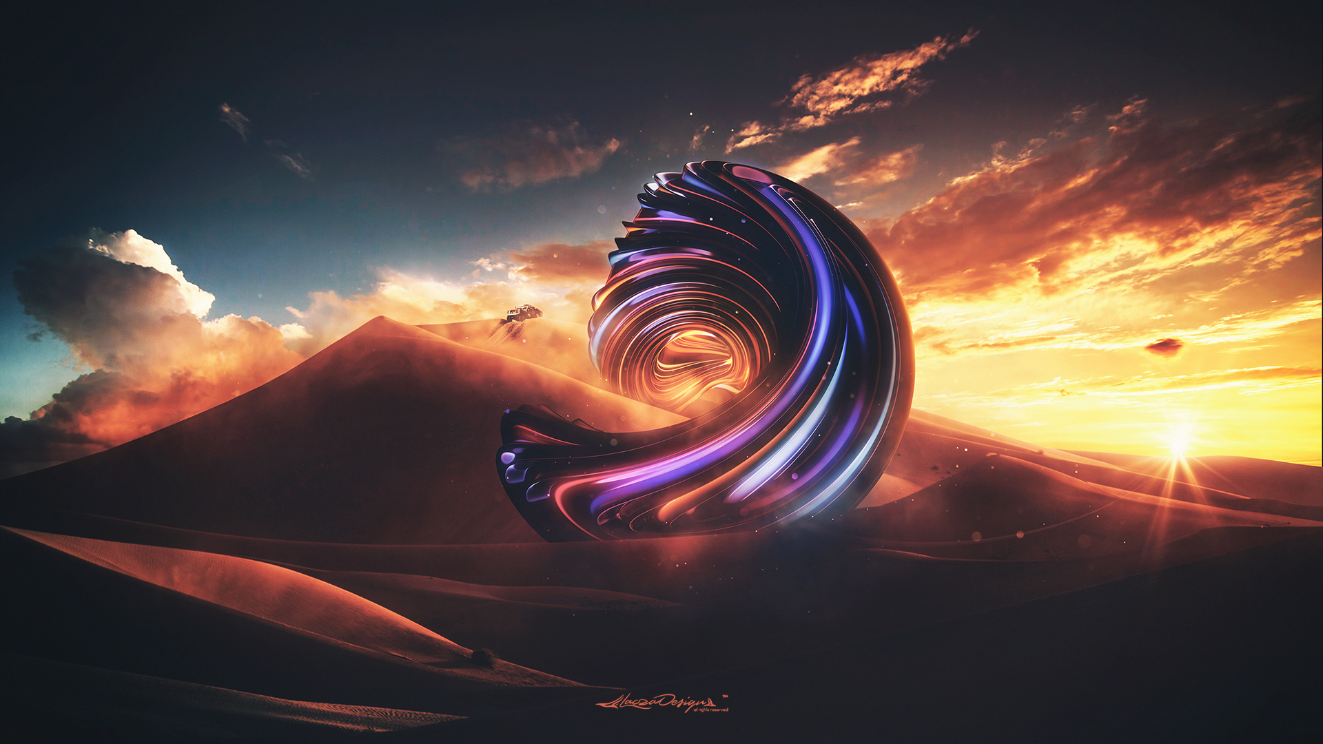 Abstract glowing twist in a desert landscape at sunset HD Wallpaper