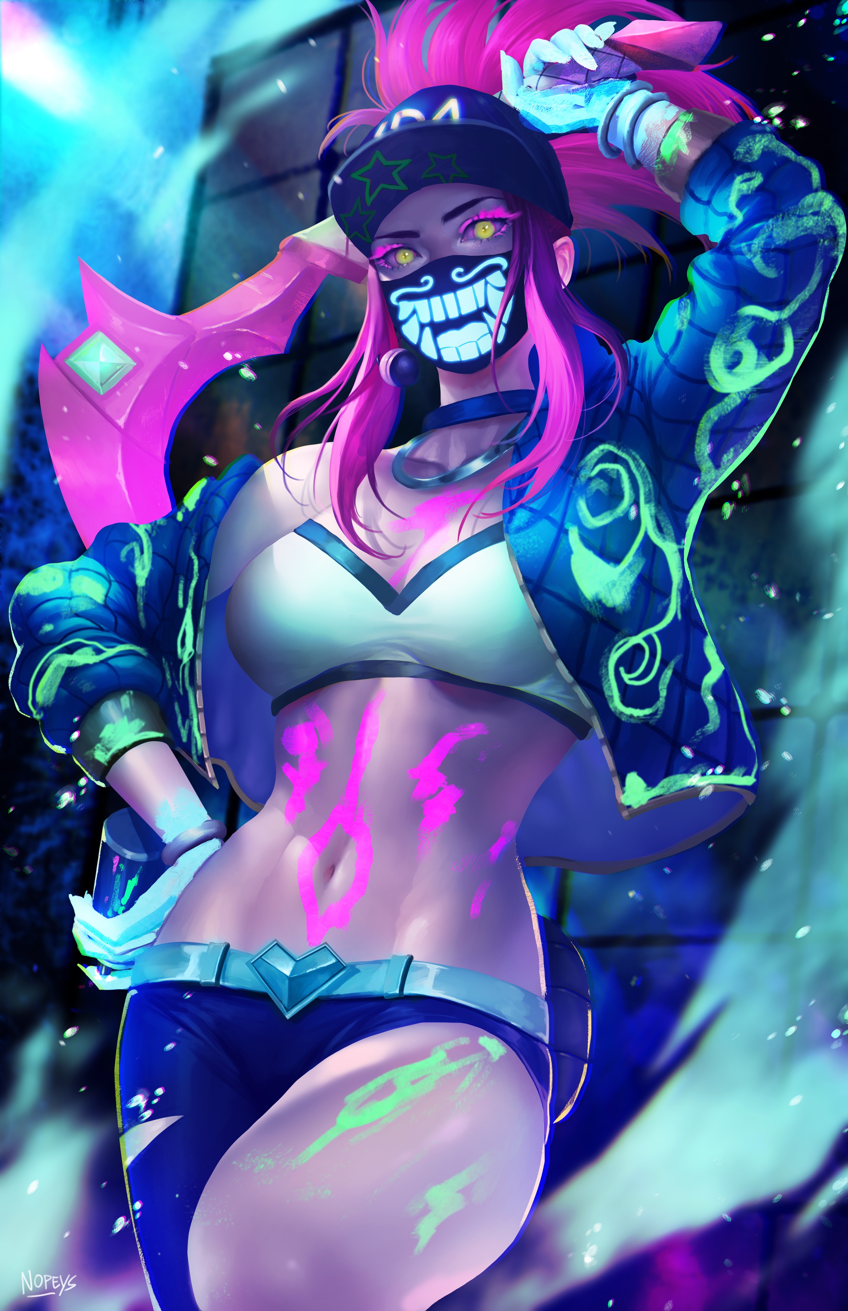 K/DA Akali with Oni Mask and Pink Hair HD Phone Wallpaper