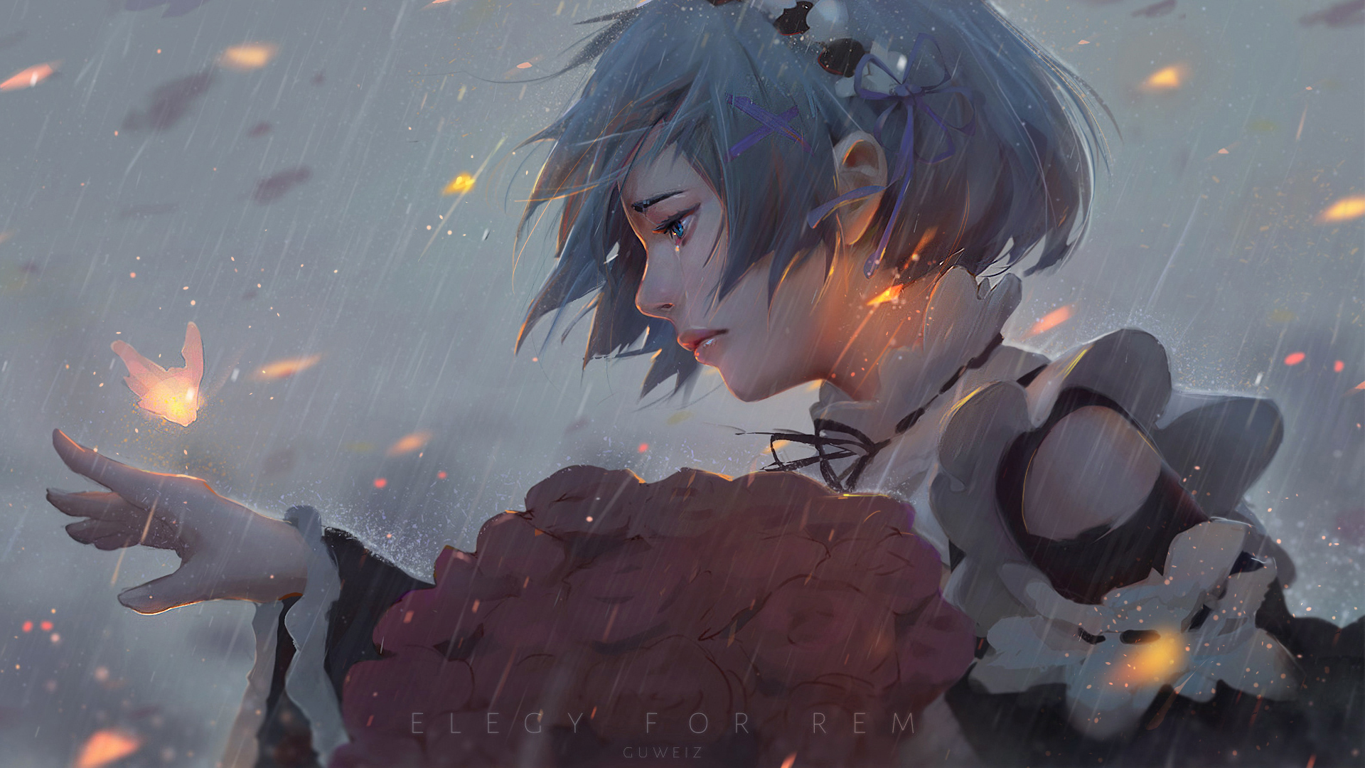 Rem from Re:Zero in the rain with a butterfly HD Wallpaper