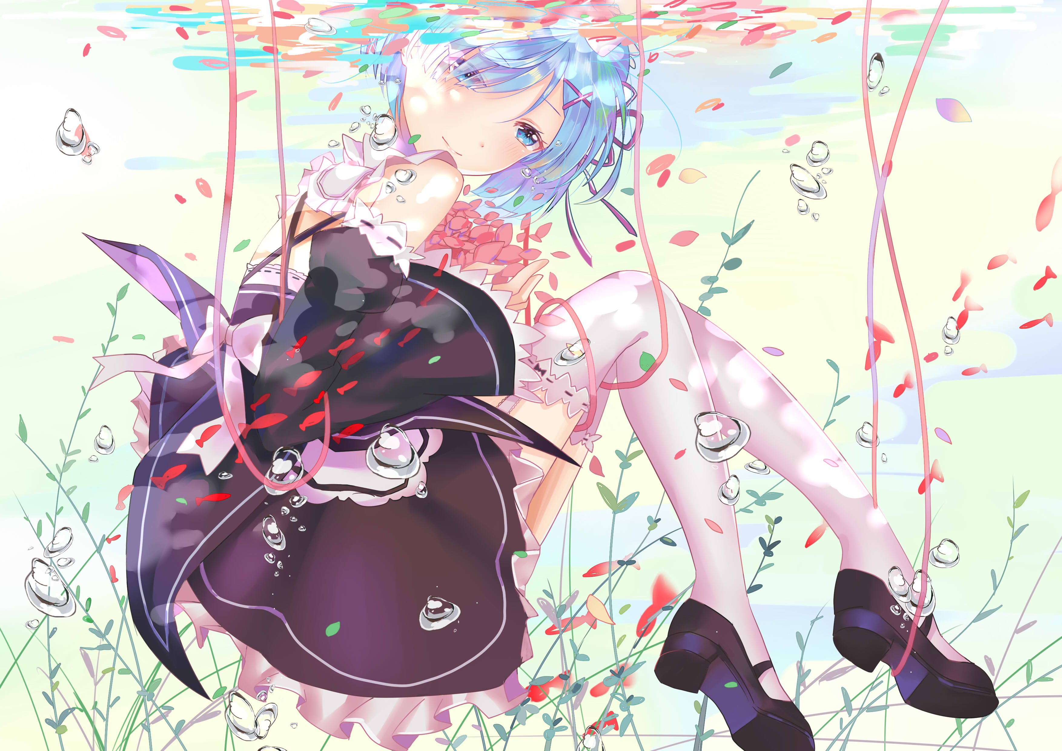 Rem from Re:Zero underwater with flowers HD Wallpaper
