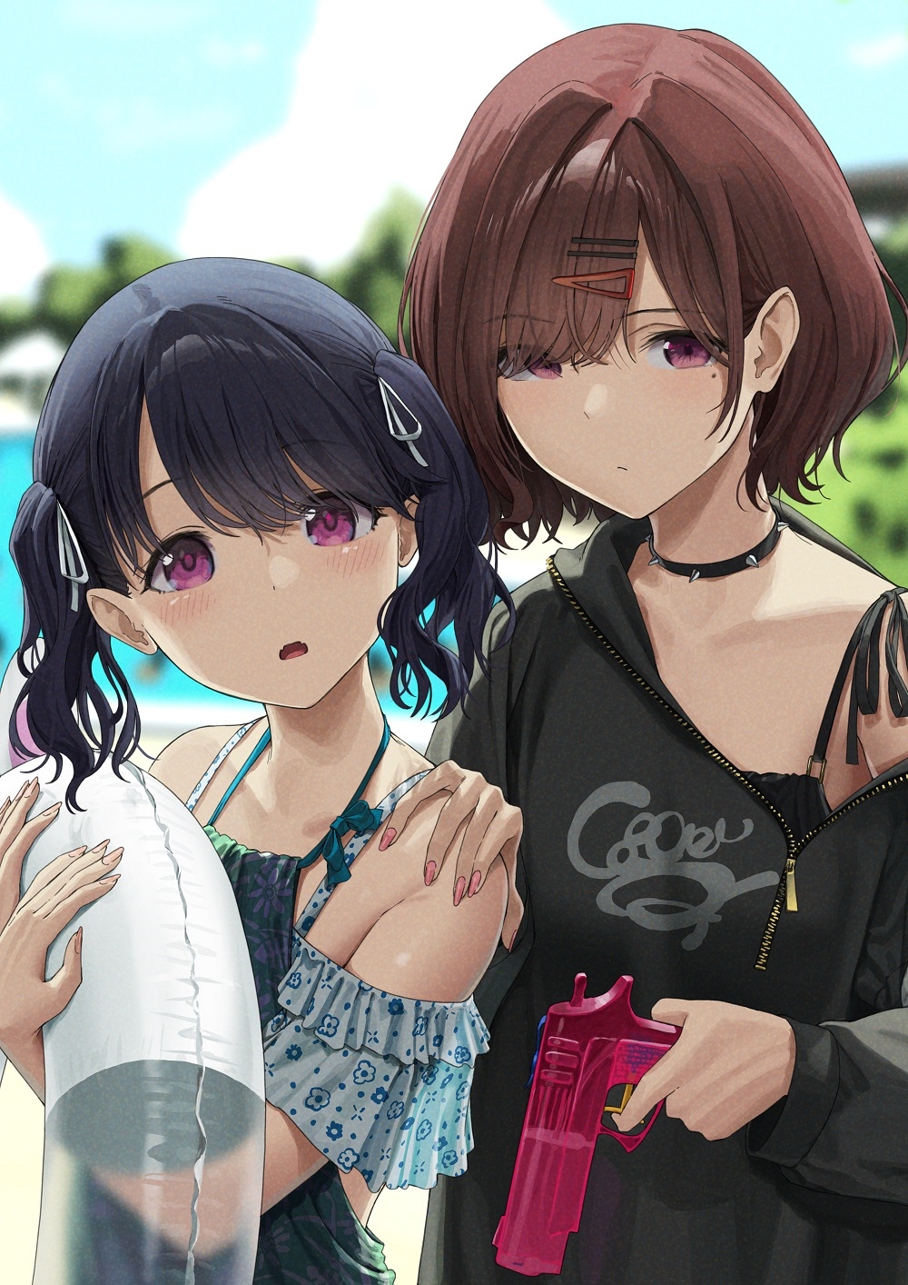 Two women with purple eyes and a squirt gun HD Phone Wallpaper